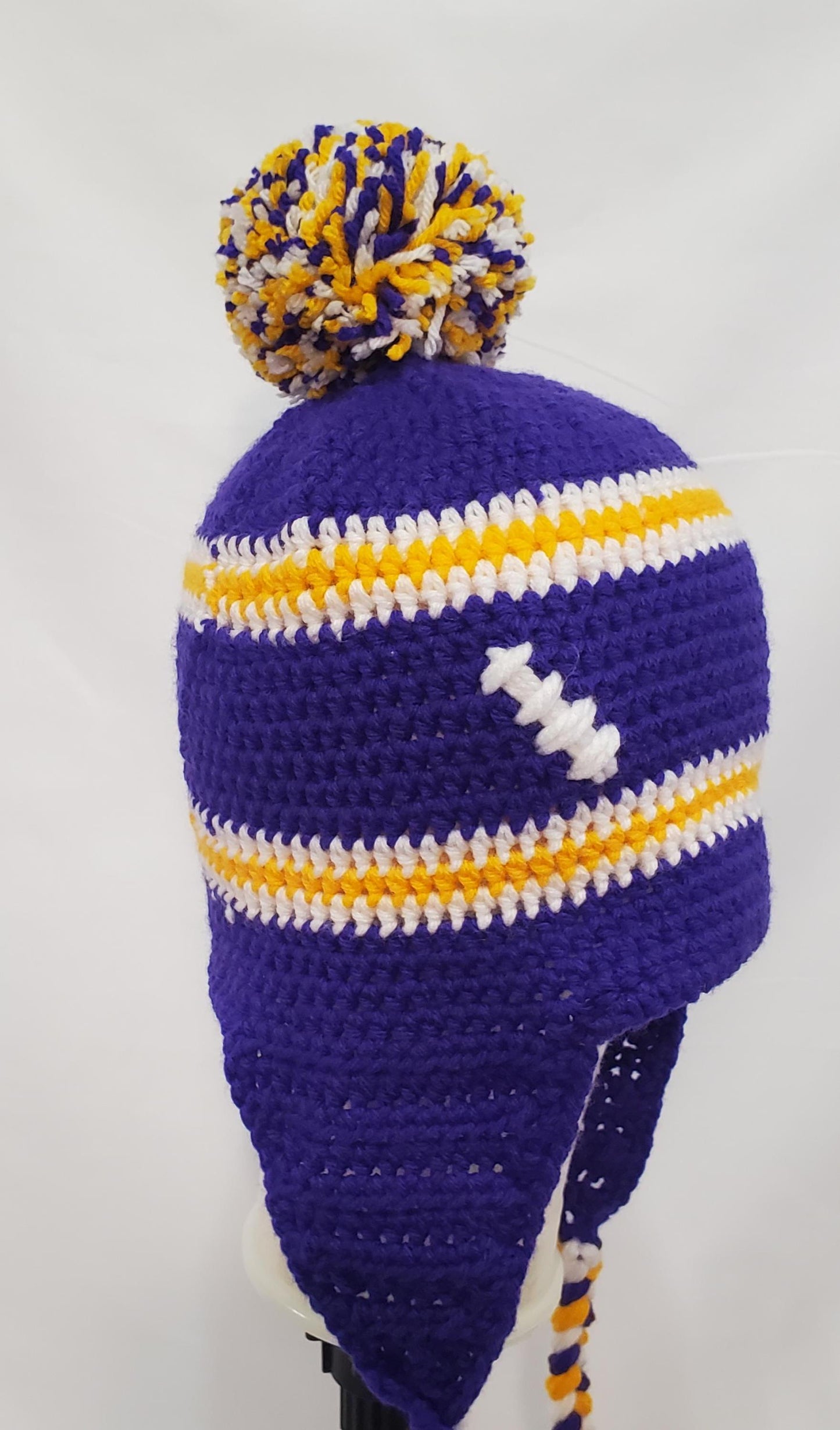 Item #26: MN Vikings Inspired Crochet Ear Flap Hat, Size - Adult Medium, Made From 100% Acrylic Yarn