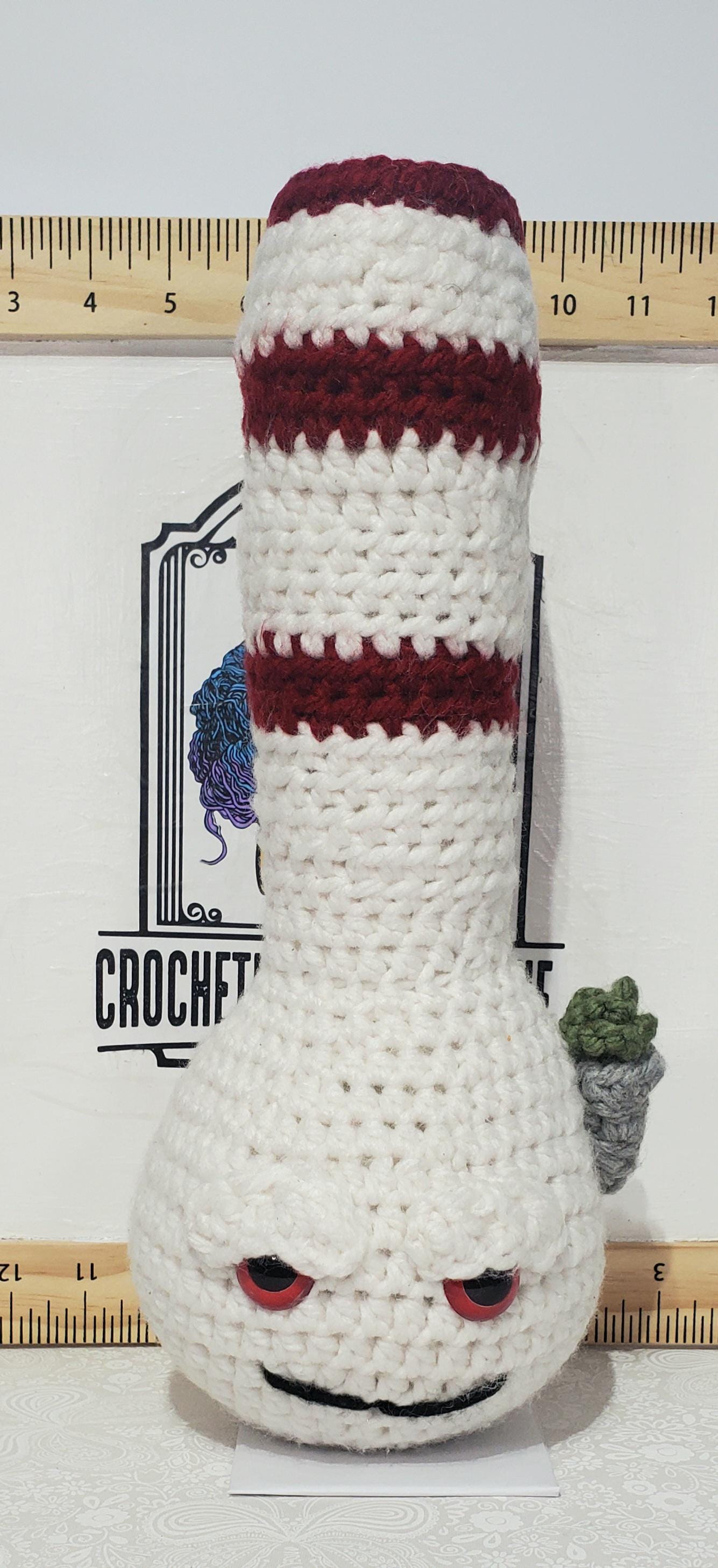 B12: Crochet Bong, White and Maroon, made with thick, 100% acrylic yarn, and safety eyes, approx. 14" x 6", 11 oz