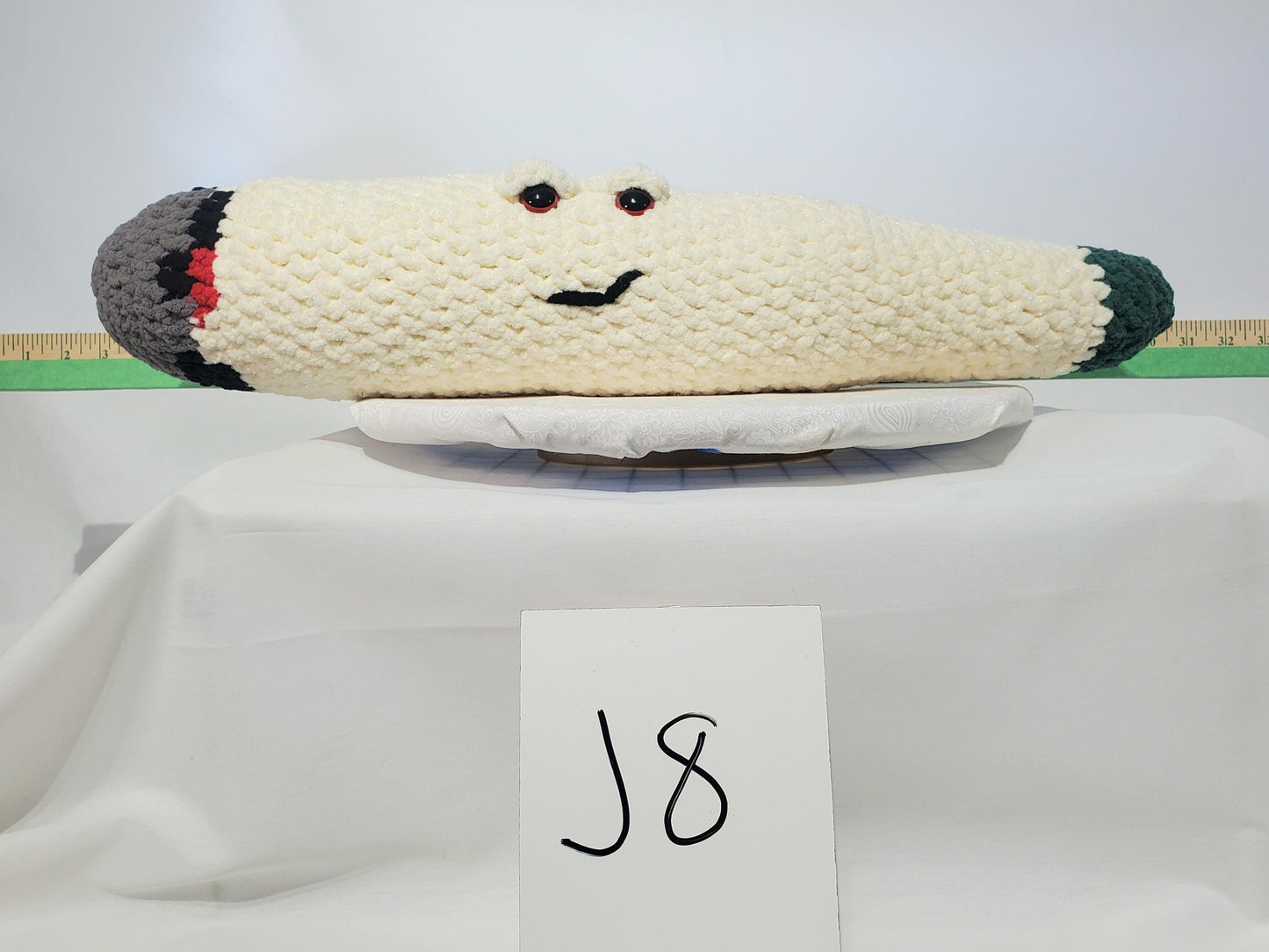 J8 - Crochet Joint / Doobie, Sparkle White 100% polyester soft blanket yarn, has safety eyes, approx. 23"x 5"
