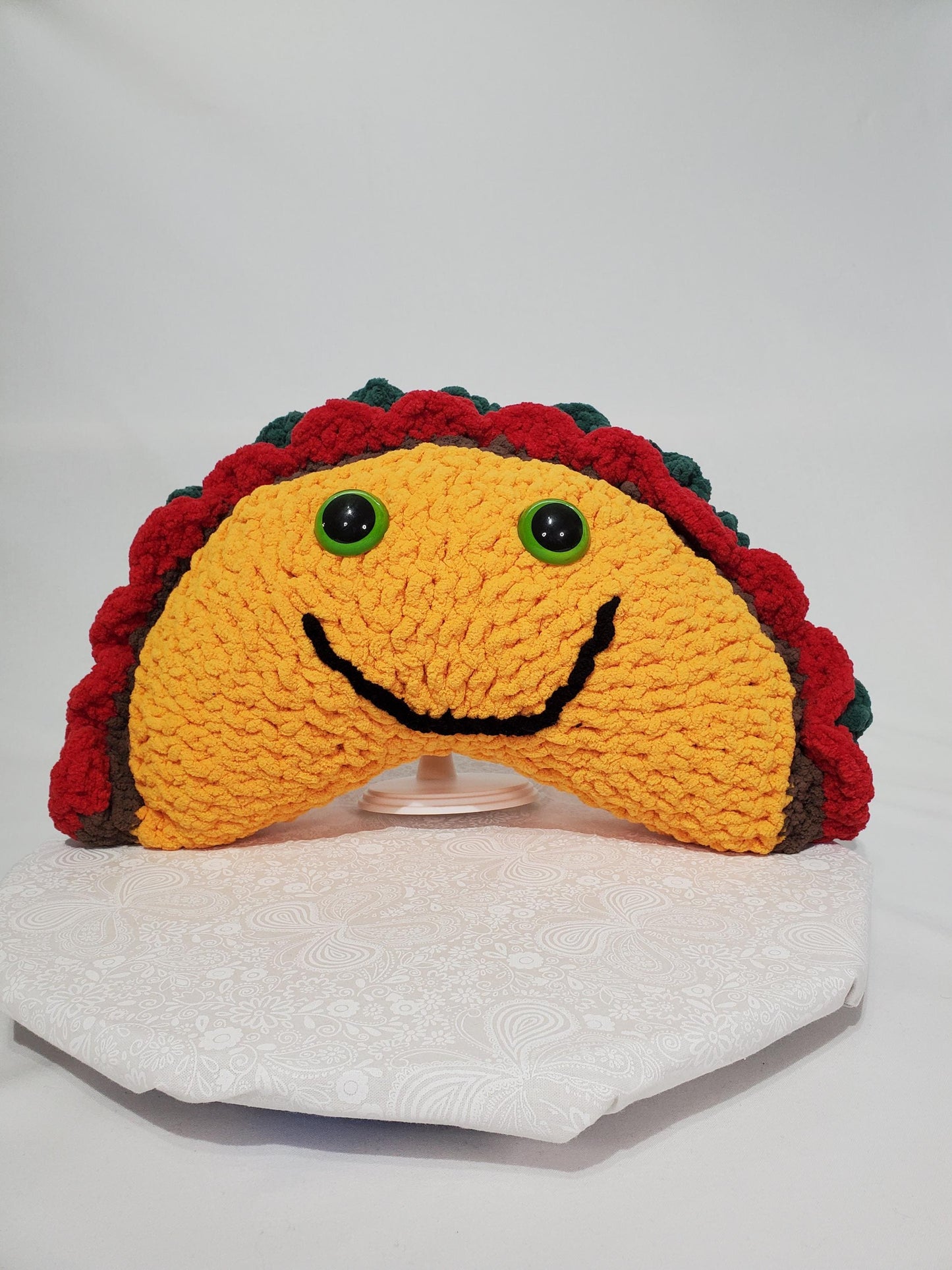 T11: Crochet Taco Stuffie / Plush Toy, made with soft blanket yarn and plastic safety eyes