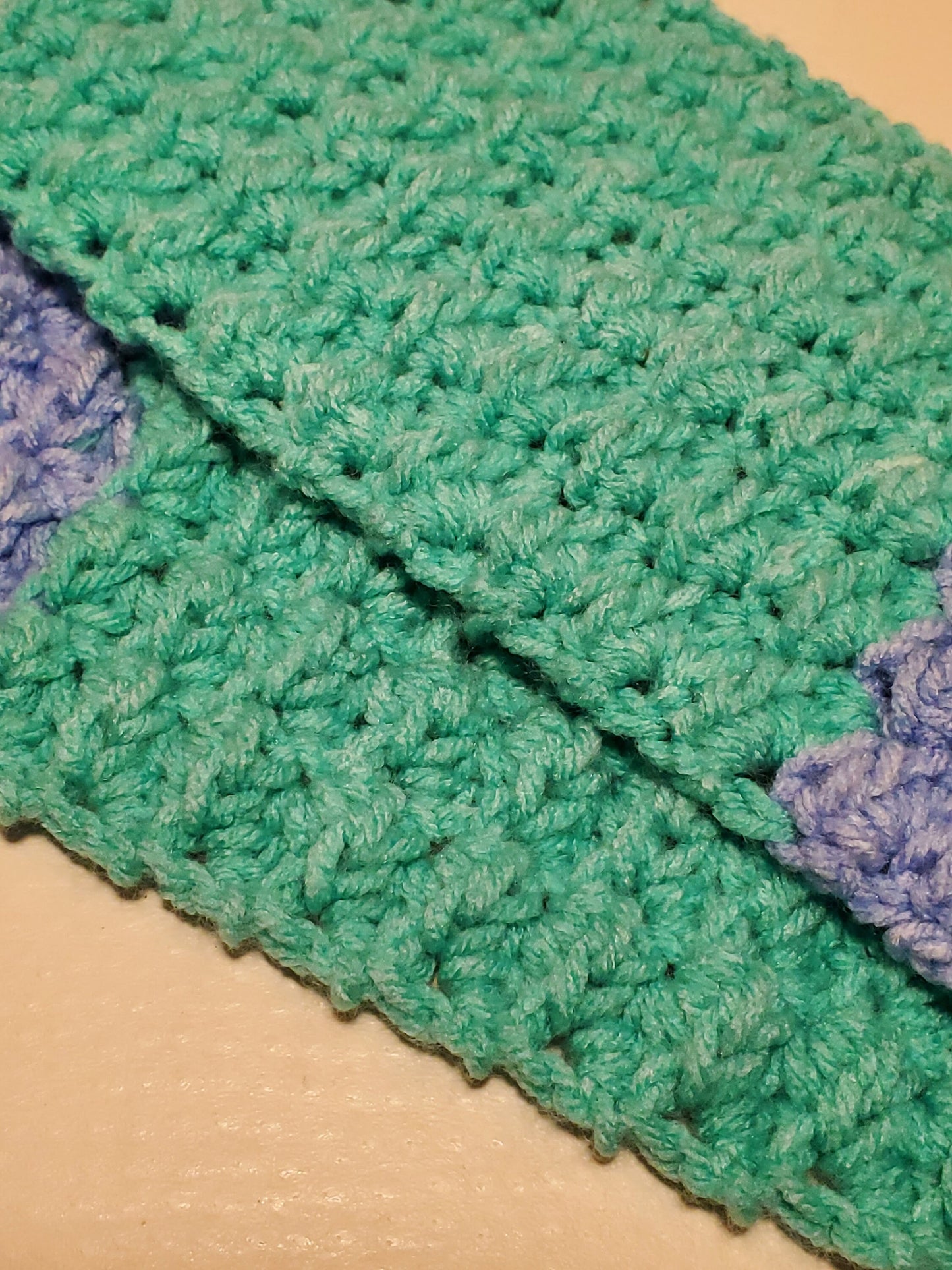 Item #103: Crochet Hat And Scarf Set, Blue, White And Green, Size Children's (4y To 10y), 3' 2" Long, 5" Wide, Made With 100% Acrylic Yarn