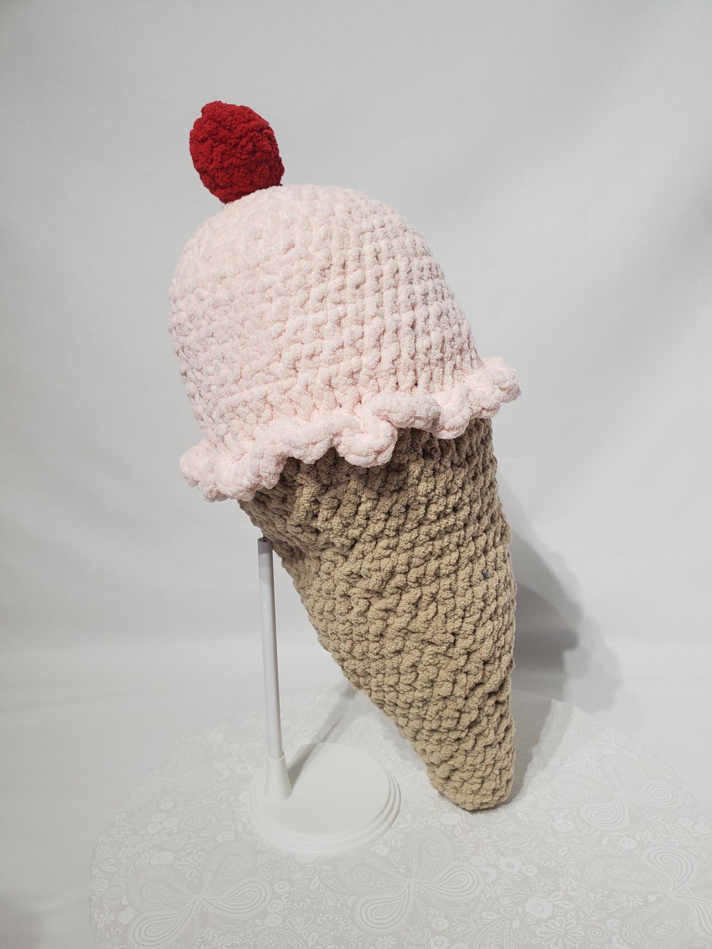 T25: Crochet Ice Cream Cone Plushie / Pillow, made with soft blanket yarn (100% polyester) and fiber fill, approx. 19" x 8 "