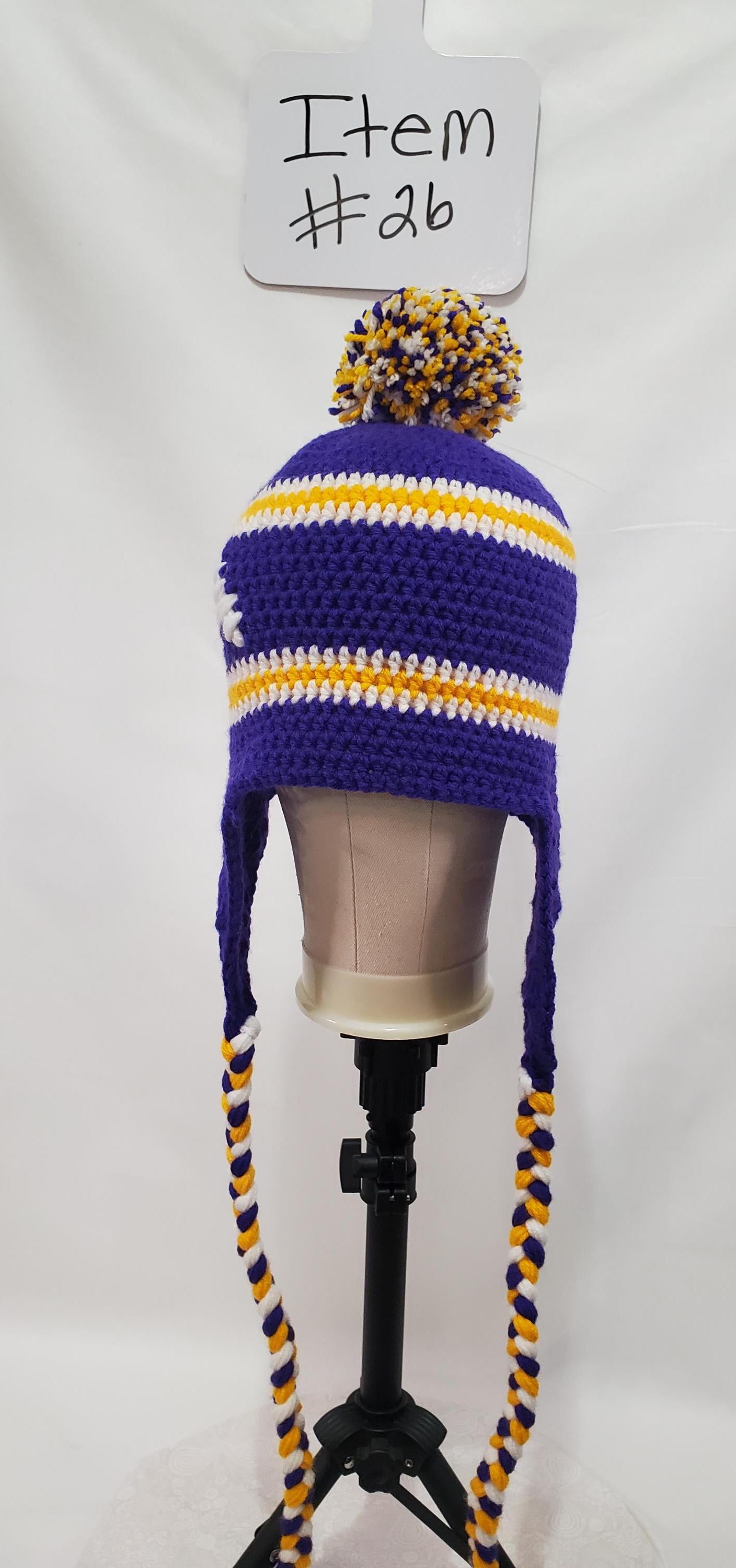 Item #26: MN Vikings Inspired Crochet Ear Flap Hat, Size - Adult Medium, Made From 100% Acrylic Yarn