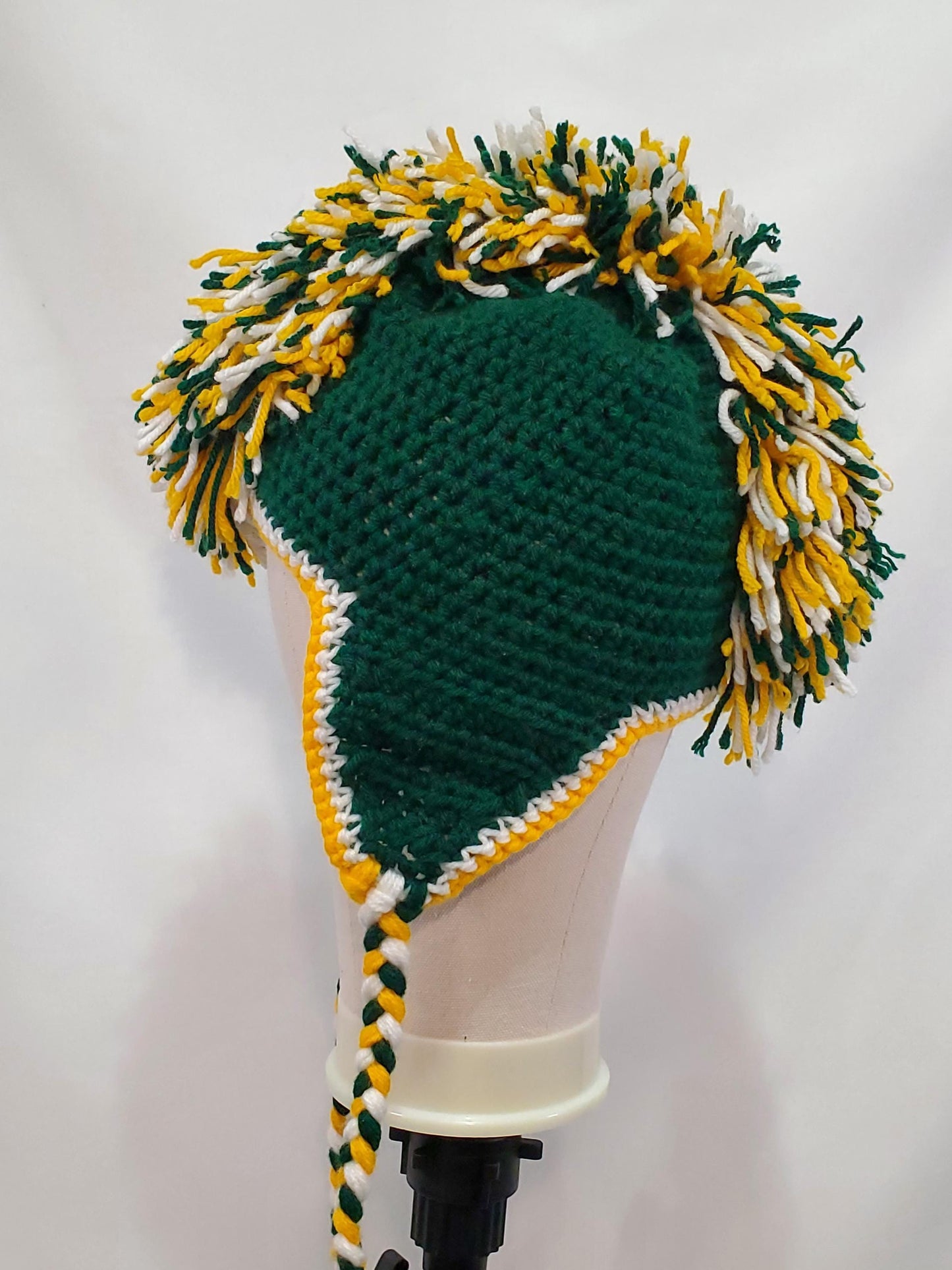 Item #32: Green Bay Packers Inspired Crochet Mohawk Hat, Size Teen/ Adult Small, Made From 100% Acrylic Yarn