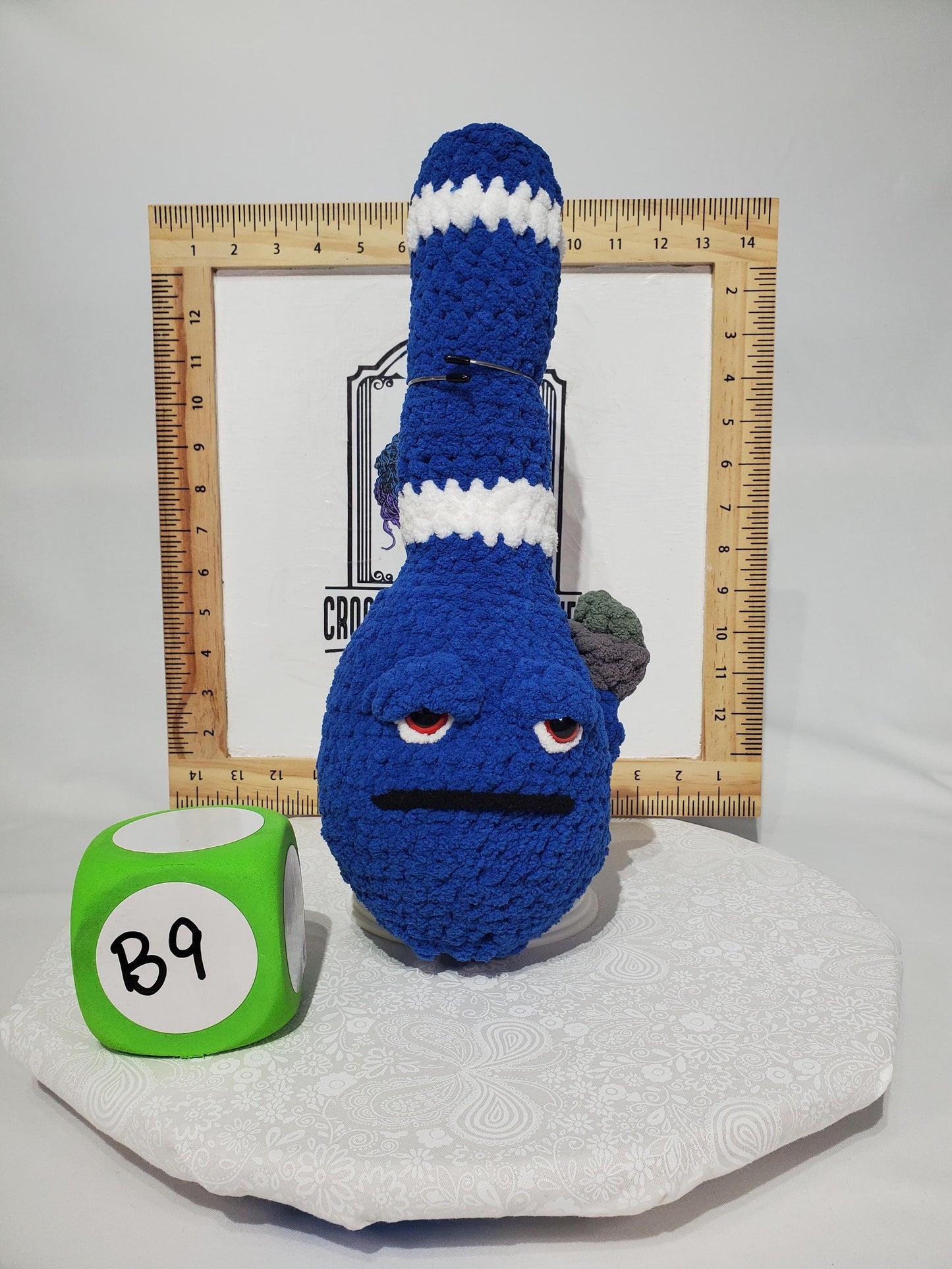 B9: Crochet Bong, Blue and white, made with 100% polyester, soft blanket yarn, approx. 14" x 5", 7 oz