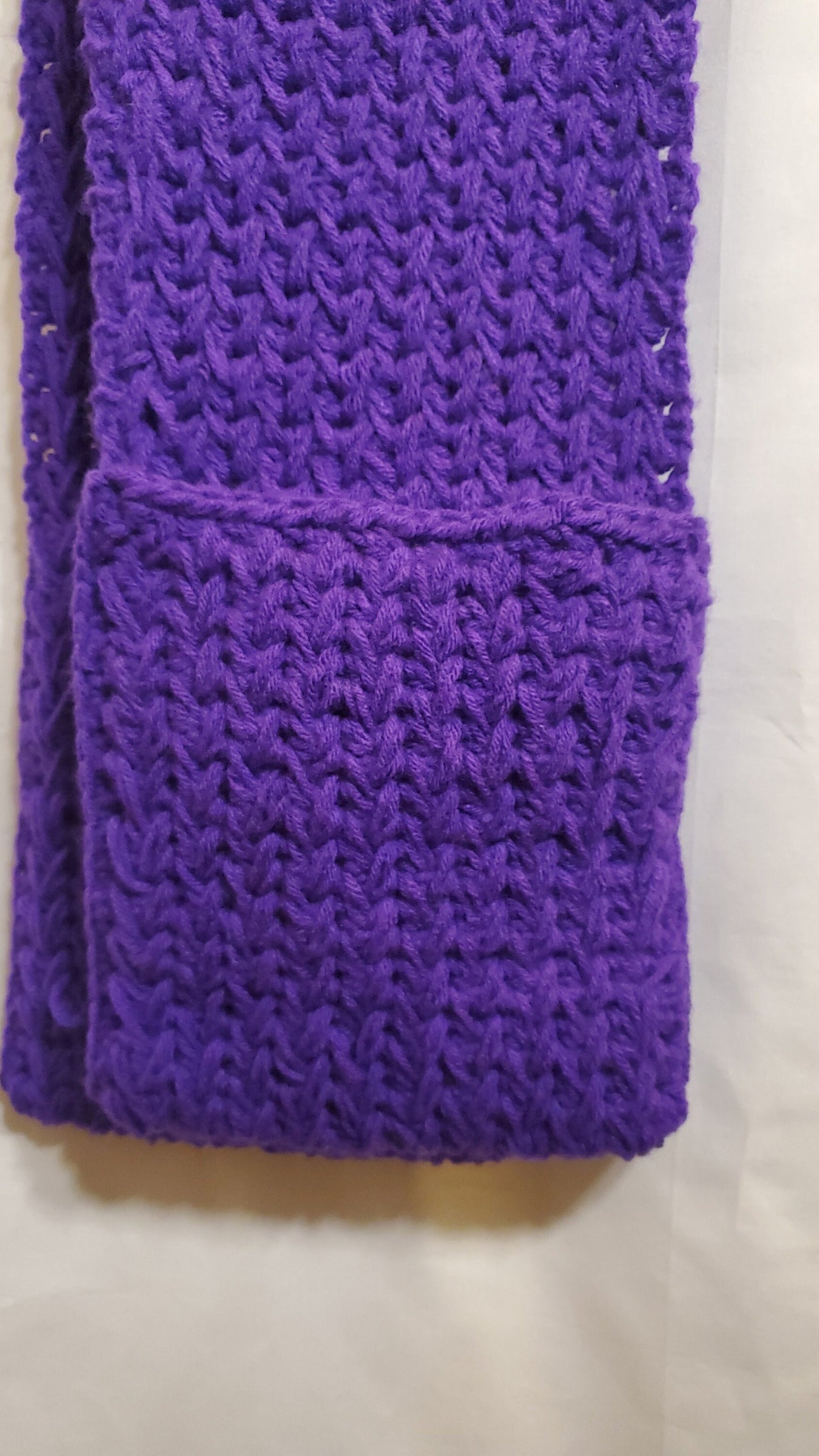V5: MN Vikings Inspired Scarf with Pockets, 8' long, 7" wide, pockets 9" deep, thick and warm, made with 100% acrylic yarn.