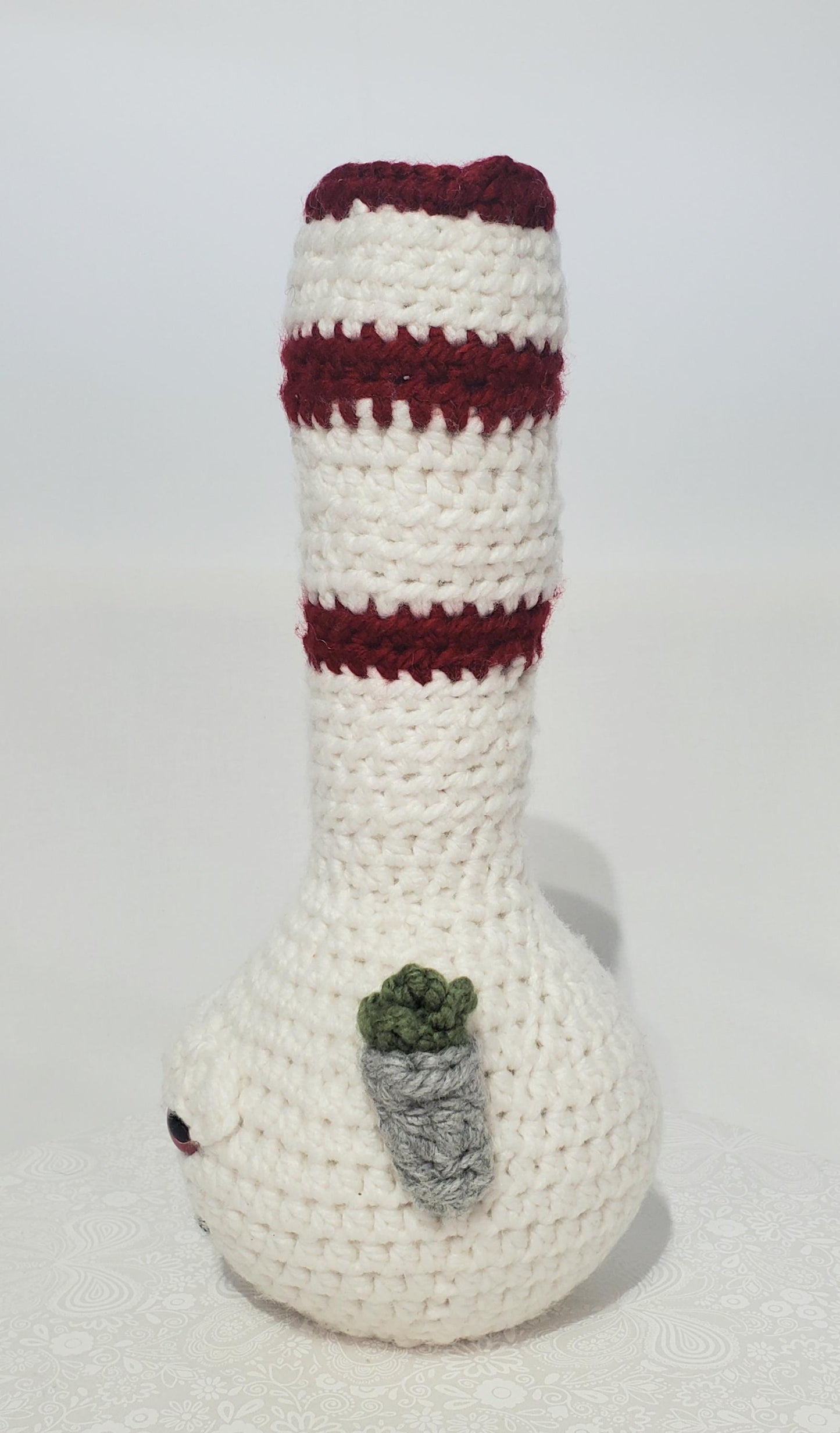 B12: Crochet Bong, White and Maroon, made with thick, 100% acrylic yarn, and safety eyes, approx. 14" x 6", 11 oz