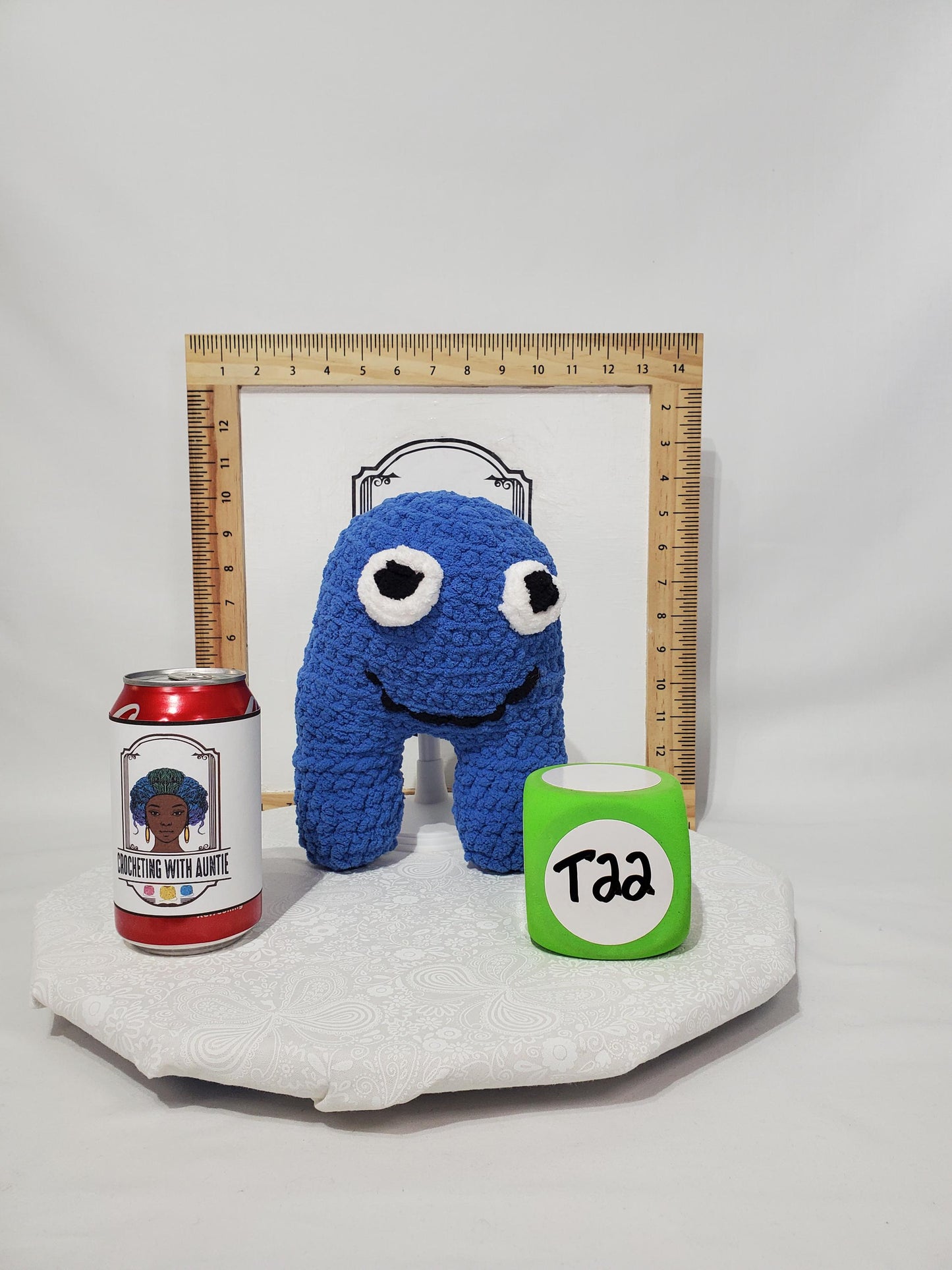 T22: Crochet Monster stuffy/plushy, blue, made with soft blanket yarn (100% Polyester) and safety eyes, approximately 10 inches tall