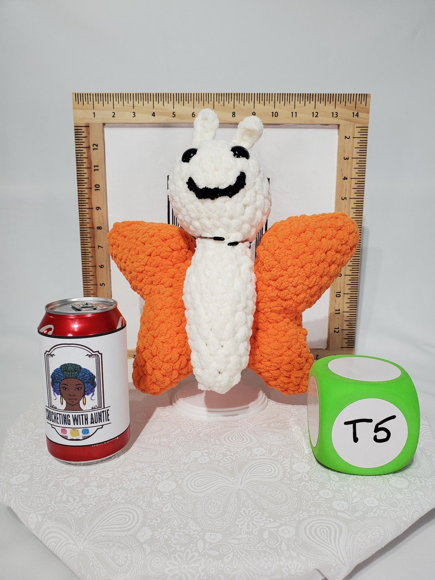 T5: Crochet Butterfly Stuffy / Plush Toy, white and orange, made with soft blanket yarn (100% polyester) and safety eyes