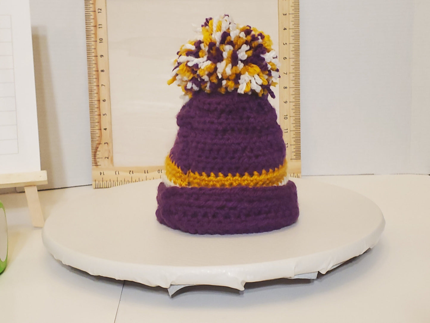 Item #80: Minnesota Vikings Inspired Crochet Hat with A Pom, Size 6 To 12 Months, Made With Chunky 100% Acrylic Yarn