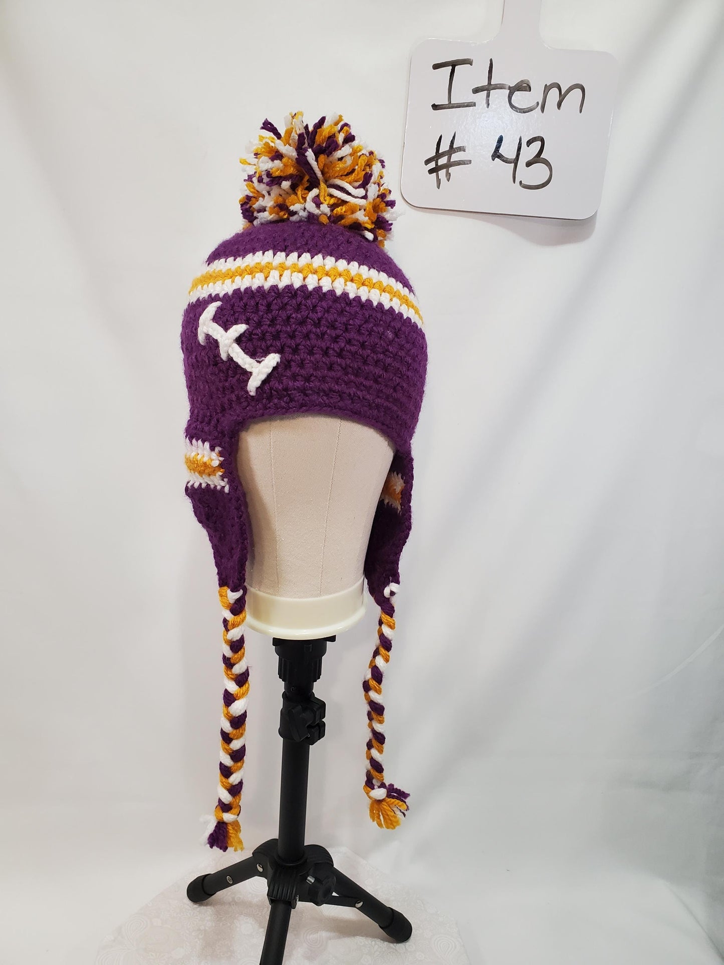 Item #43: MN Vikings Inspired Crochet Ear Flap Hat, Toddler Sized, Made From 100% Acrylic Yarn