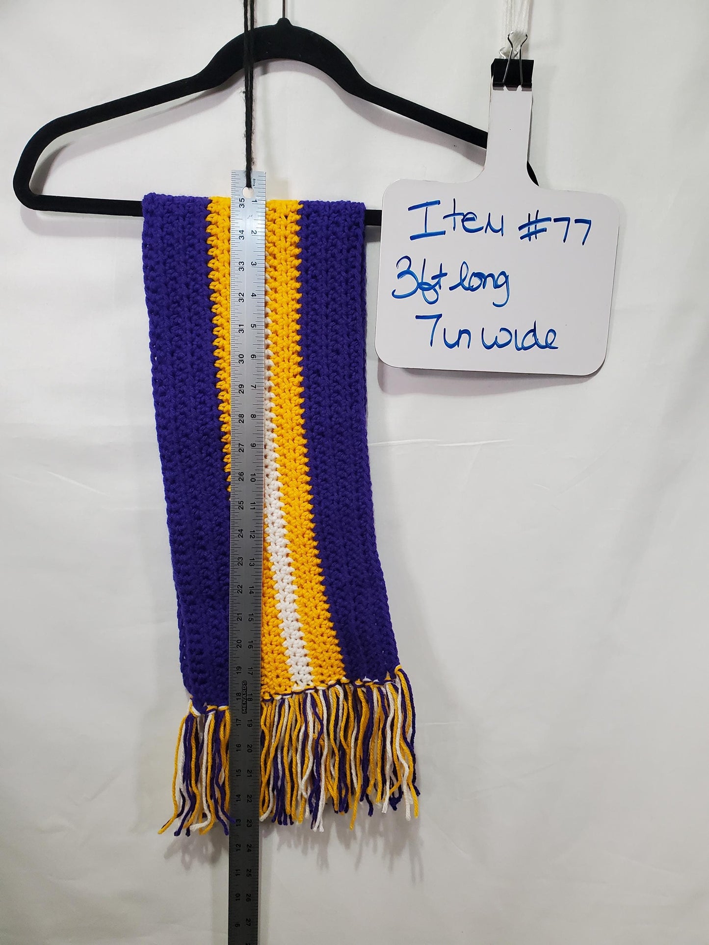 Item #77: Minnesota Vikings Inspired Crochet Scarf, 3' Long, 7" Wide, Made With 100% Acrylic Yarn