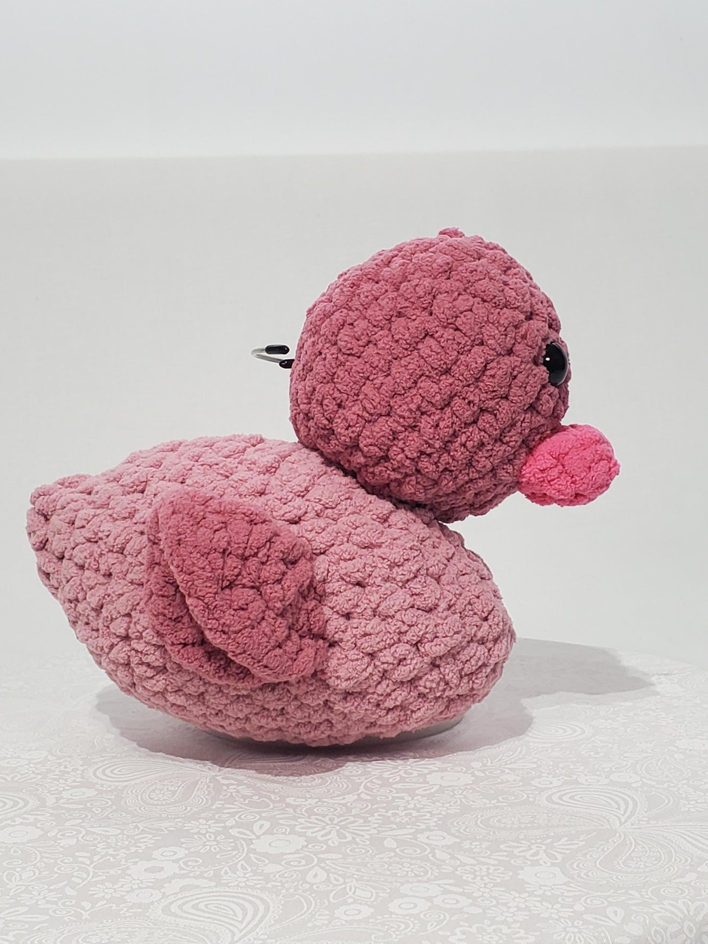 D7: Crochet stuffed animal duck, shades of pink, made with soft blanket yarn (100% polyester) and safety eyes