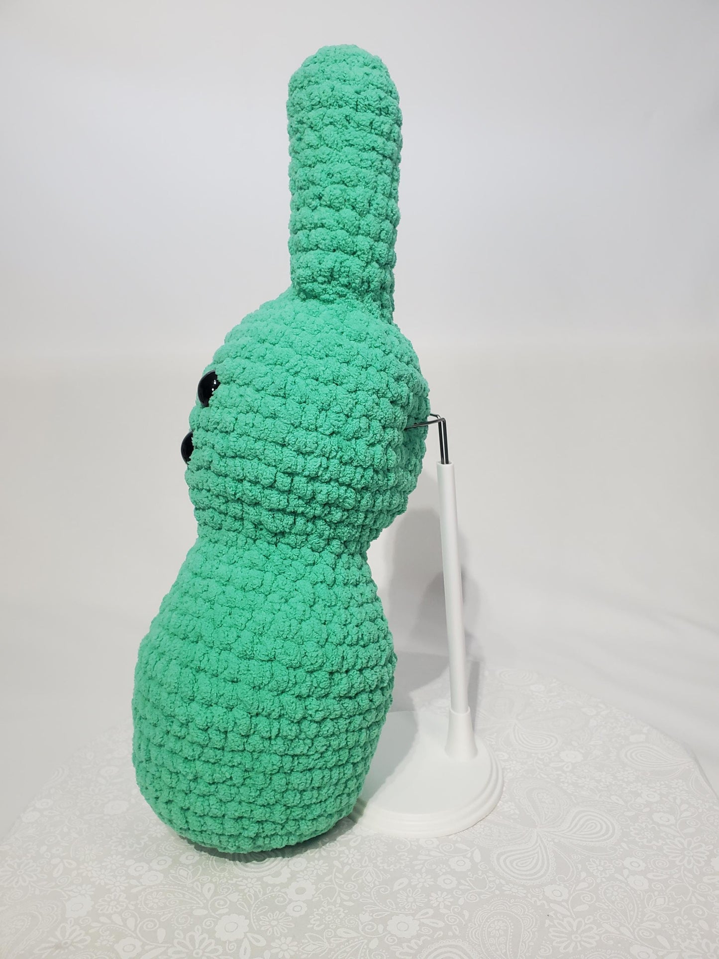 Crochet Bunny Stuffy / Plush Toy, teal, made with soft blanket yarn (100% polyester) and safety eyes, approximately 14 in tall