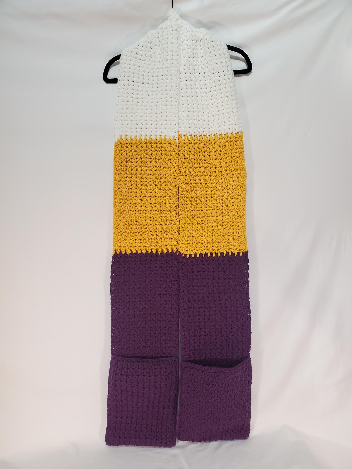 V7: MN Vikings Inspired Scarf with Pockets, 8 ft long, 8 in wide, pockets 11 in deep
