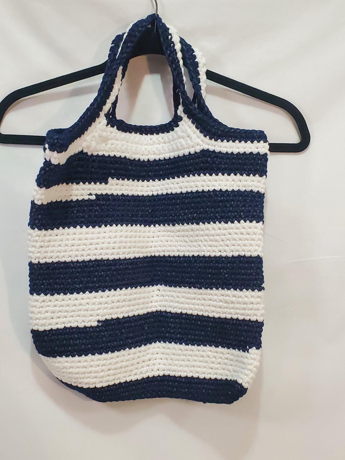 Item #53: Crochet tote, blue and white, 14" tall, 12 1/2" wide, Made with outdoor yarn - 68% acrylic/32 nylon