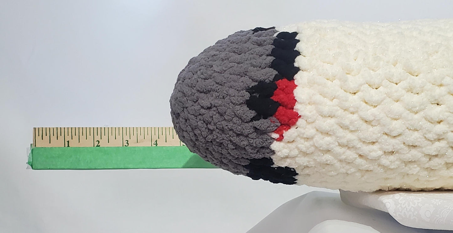J8 - Crochet Joint / Doobie, Sparkle White 100% polyester soft blanket yarn, has safety eyes, approx. 23"x 5"