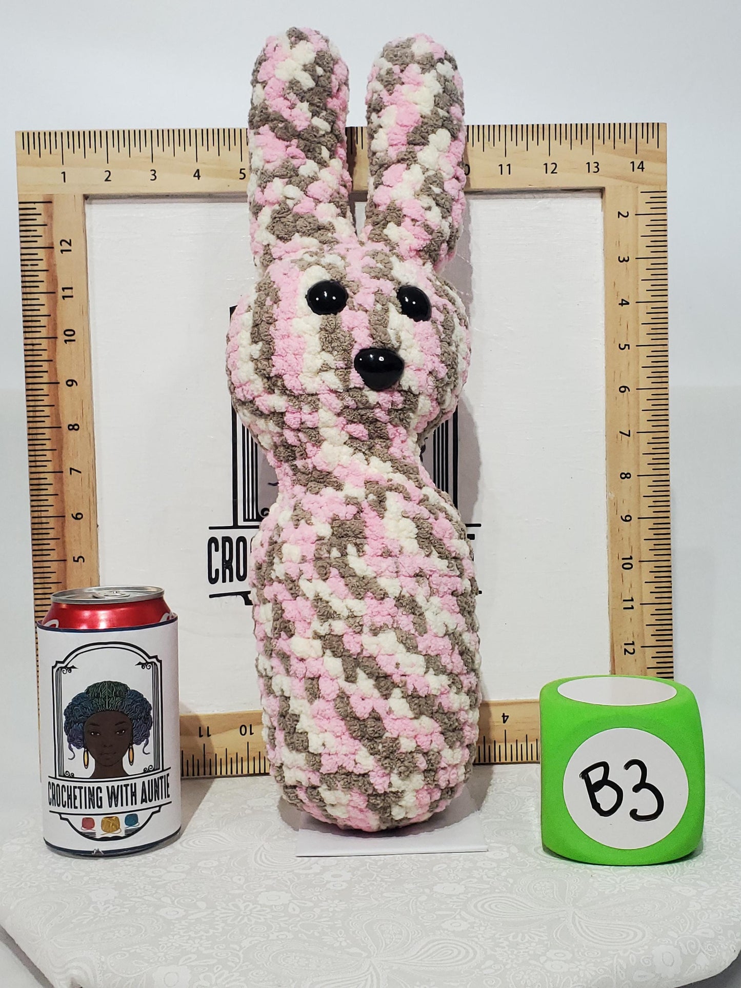 Crochet Bunny Stuffie / Plush Toy, pink - white - grey, approximately 14 in tall