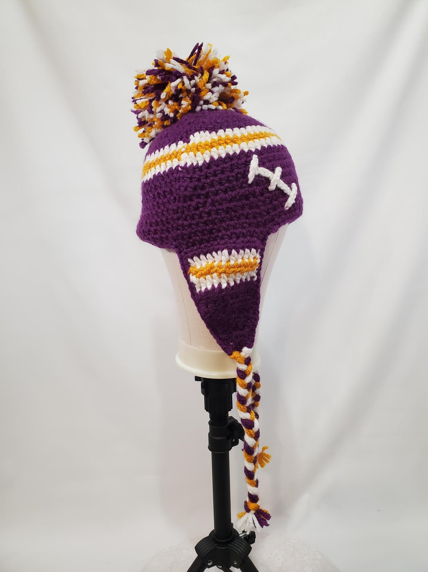 Item #43: MN Vikings Inspired Crochet Ear Flap Hat, Toddler Sized, Made From 100% Acrylic Yarn