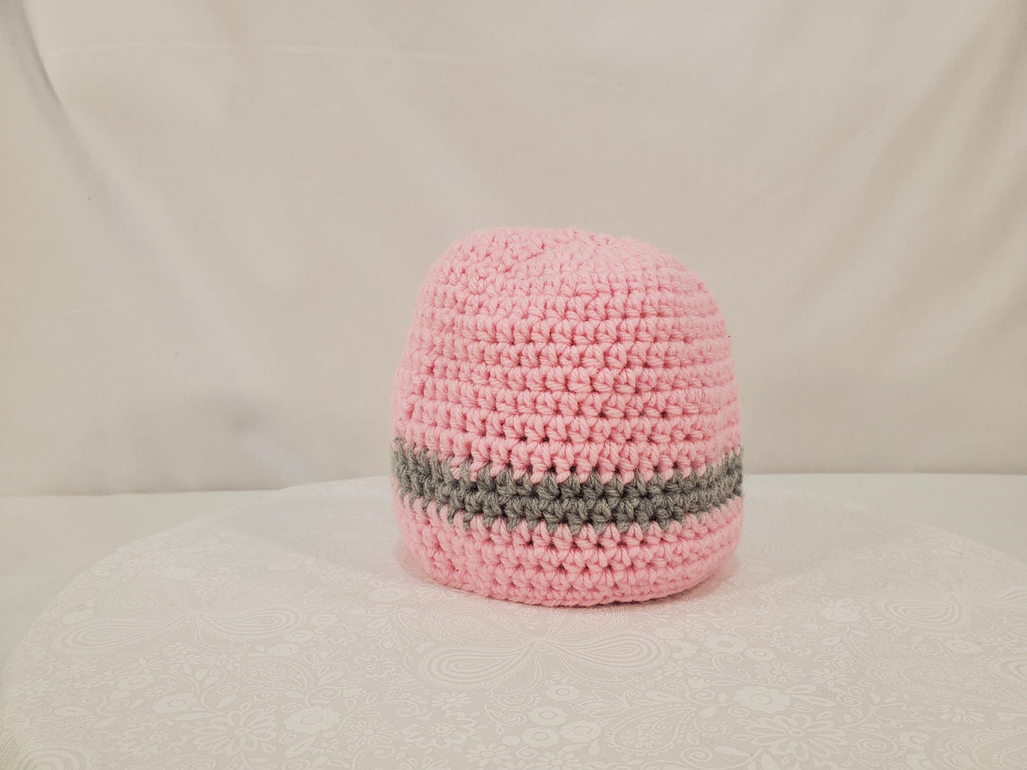 Item #101: Crochet Beanie, Pink With Grey Bow, Size 6 to 12 Months, Made With 100% Acrylic Yarn