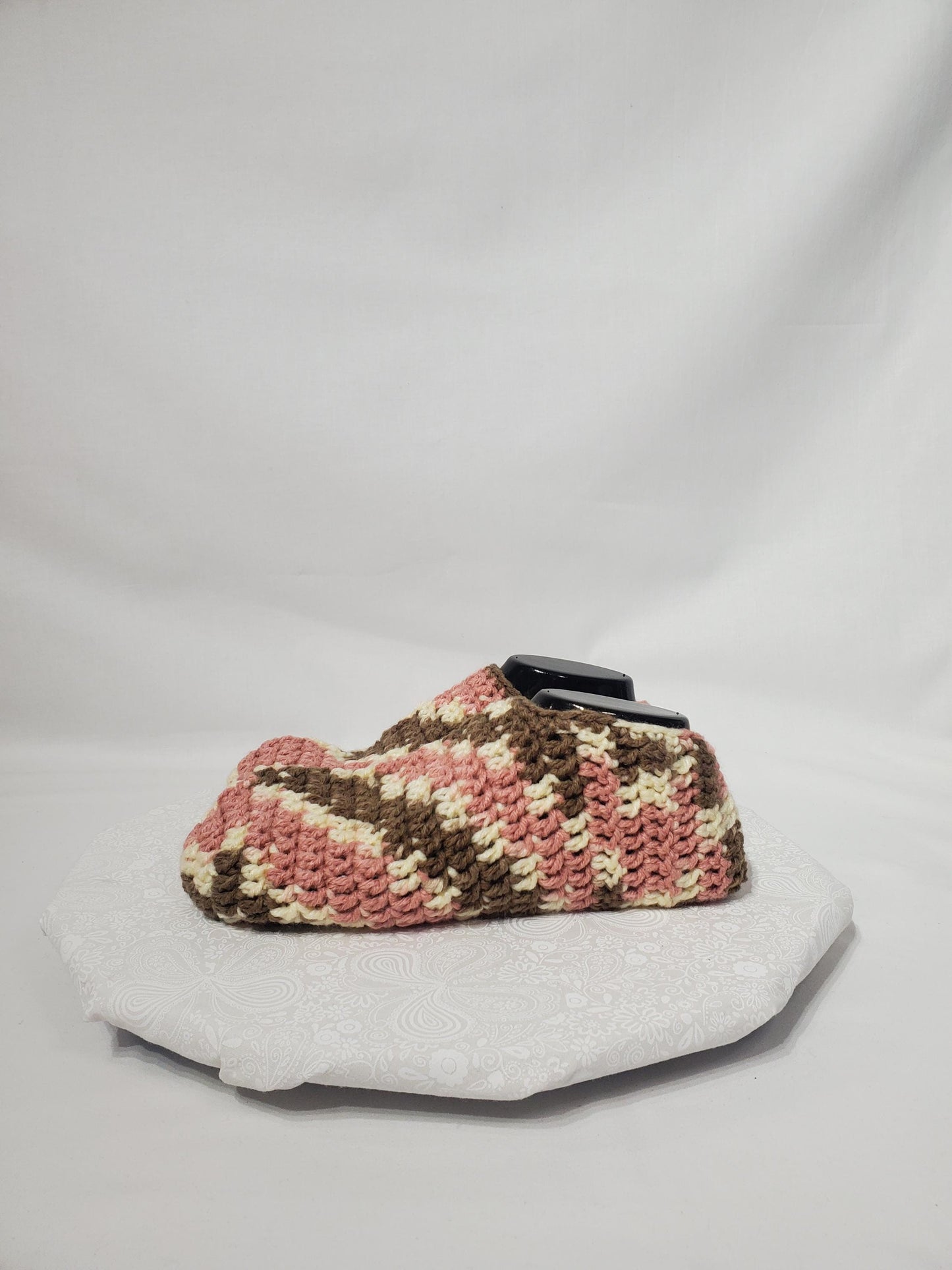 Item #6: Crochet slippers, Women's 9/10 - Men's 7/8, Brown pink and off white, 100% acrylic yarn
