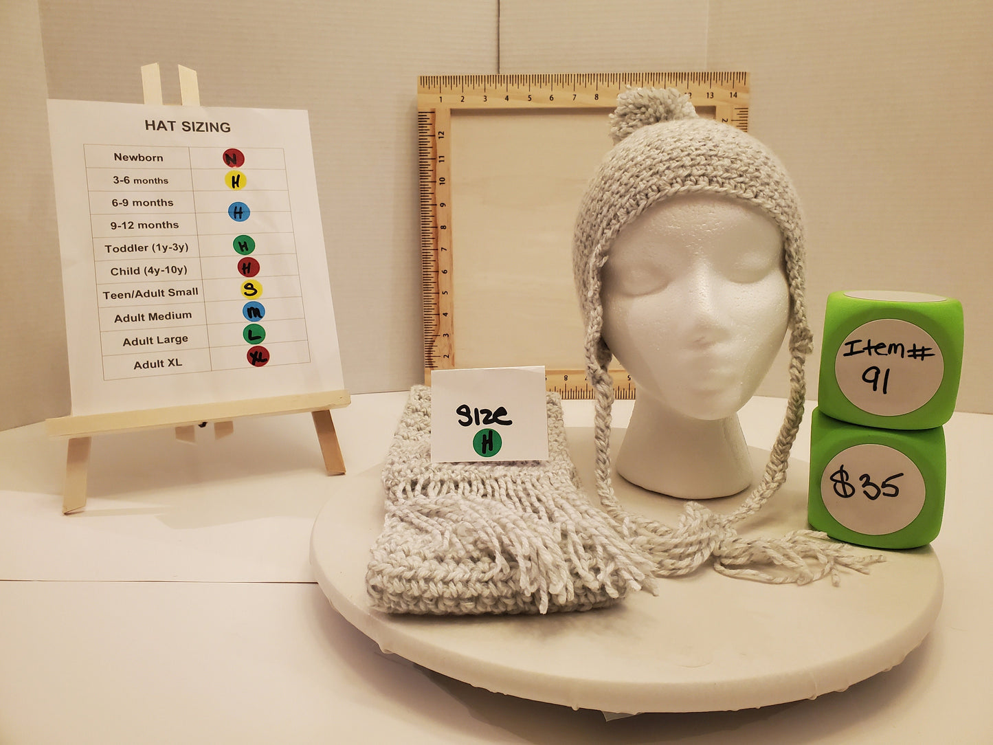 Item #91: Crochet Hat And Scarf Set, Gray And White, 40" Long, 4" Wide, Size Toddler (1y To 3y), Made With 100% Acrylic Yarn