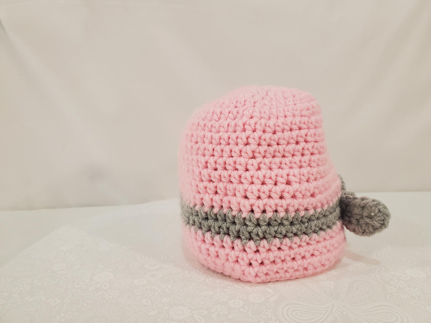 Item #101: Crochet Beanie, Pink With Grey Bow, Size 6 to 12 Months, Made With 100% Acrylic Yarn