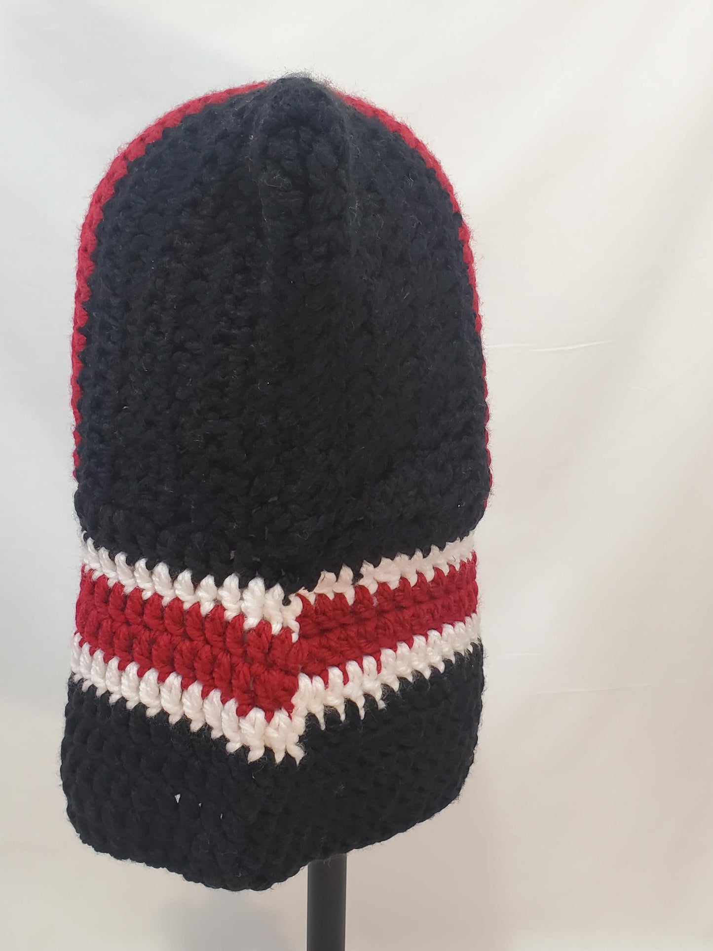 Item #58: Crochet Hood, Black, White And Maroon, Children's Size, Made With 100% Acrylic Chunky Yarn