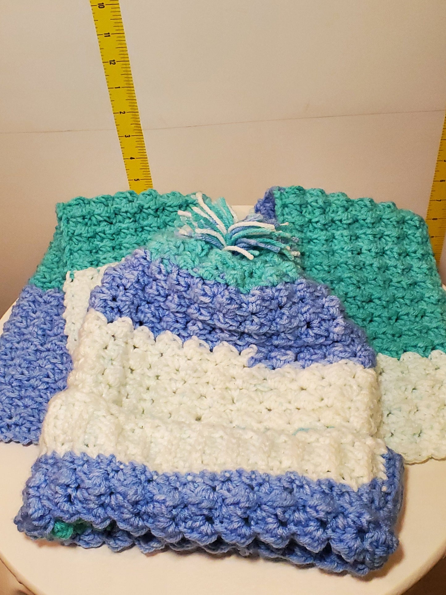 Item #103: Crochet Hat And Scarf Set, Blue, White And Green, Size Children's (4y To 10y), 3' 2" Long, 5" Wide, Made With 100% Acrylic Yarn