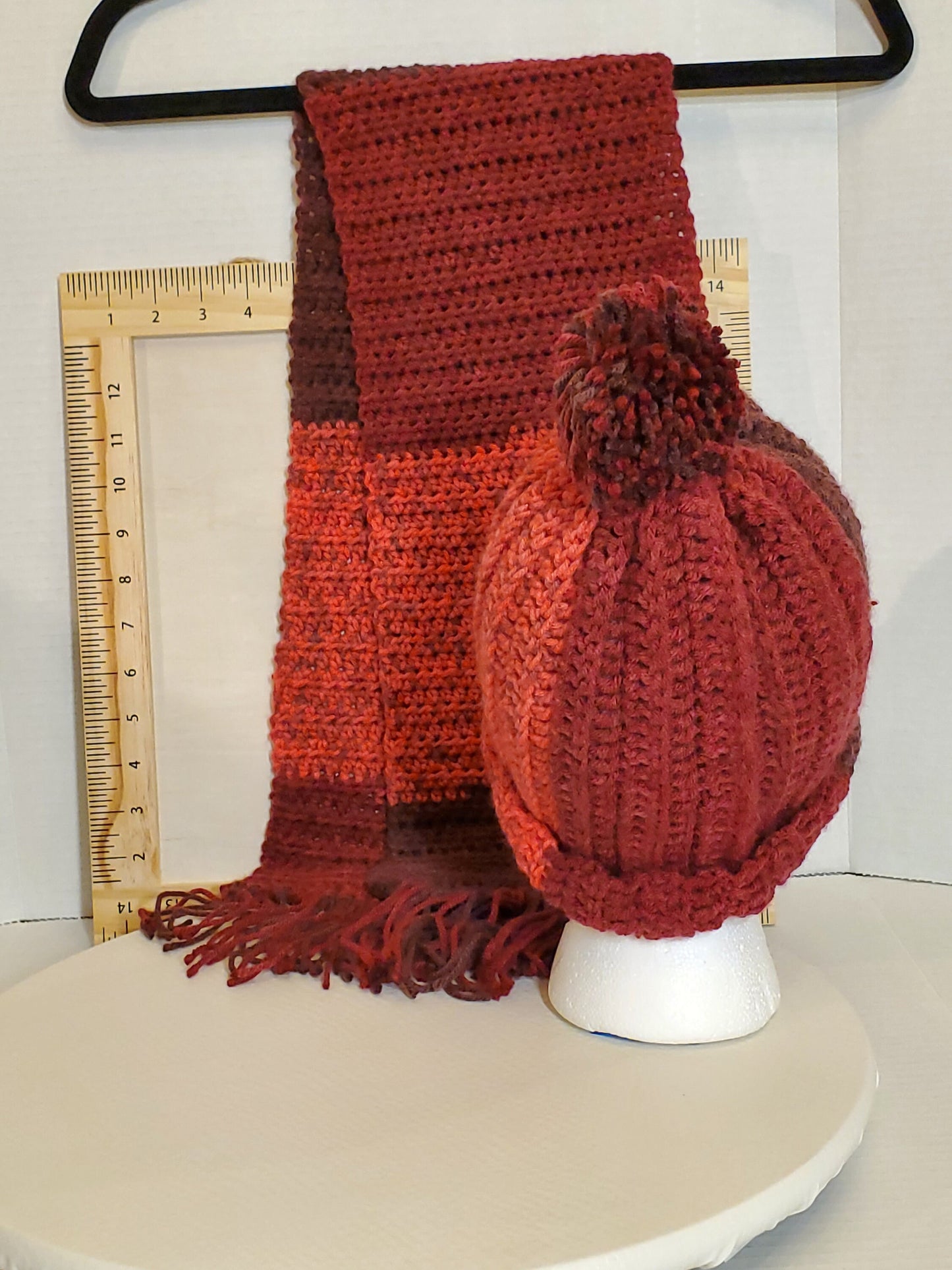 Item #90: Crochet Hat And Scarf Set, Various Reds, Size Toddler (1y-3y ), 3 1/2' Long, 8" Wide