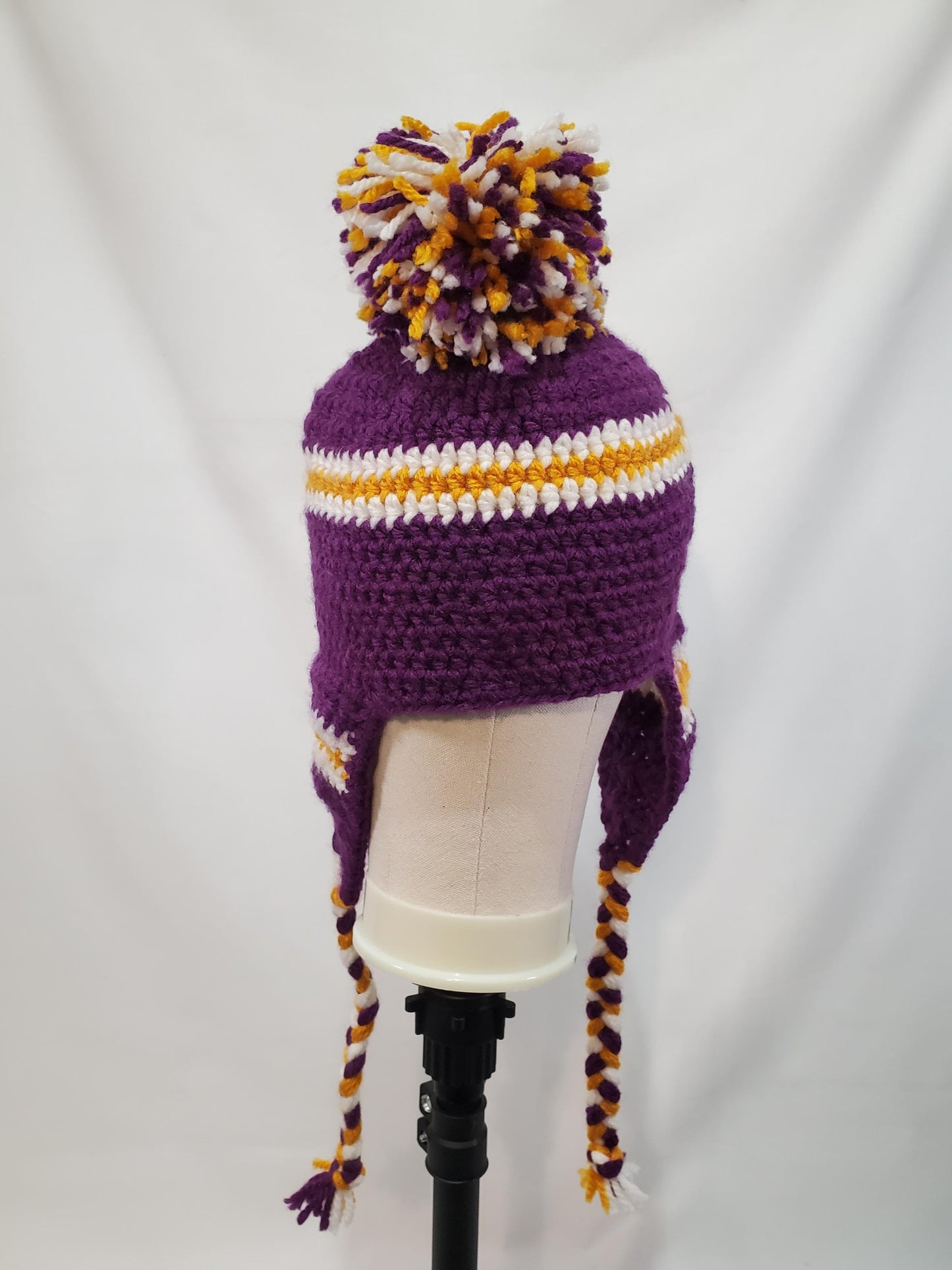 Item #43: MN Vikings Inspired Crochet Ear Flap Hat, Toddler Sized, Made From 100% Acrylic Yarn