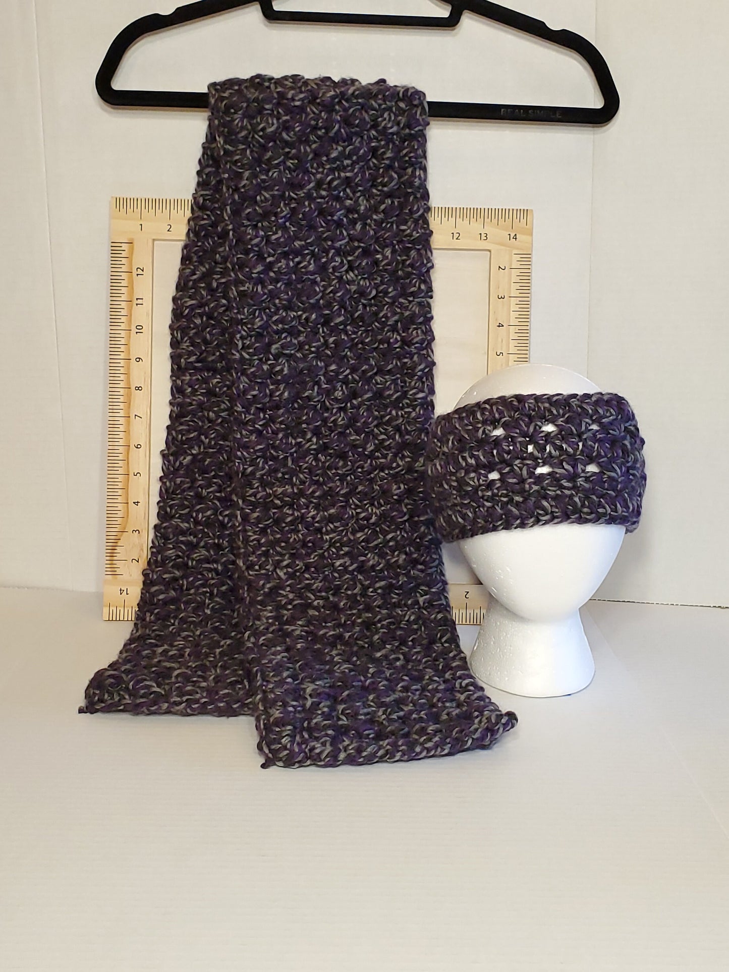Item #69: Crochet Ear Warmer and Scarf, Purple And Gray, Sized Children's, Scarf 4' 2 " Long, 7" Wide, Made With 100% Acrylic Yarn