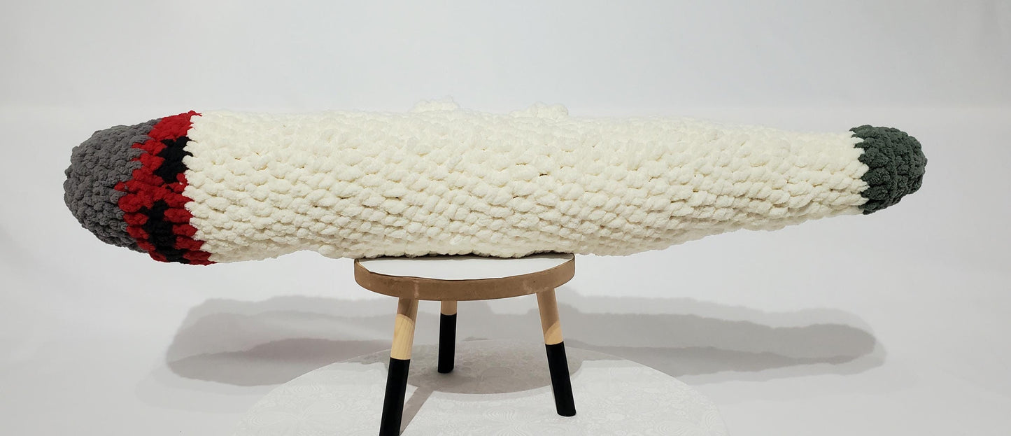 J11 - Crochet Joint / Doobie, White 100% polyester soft blanket yarn, has safety eyes, approx. 26"x 5", 13 oz