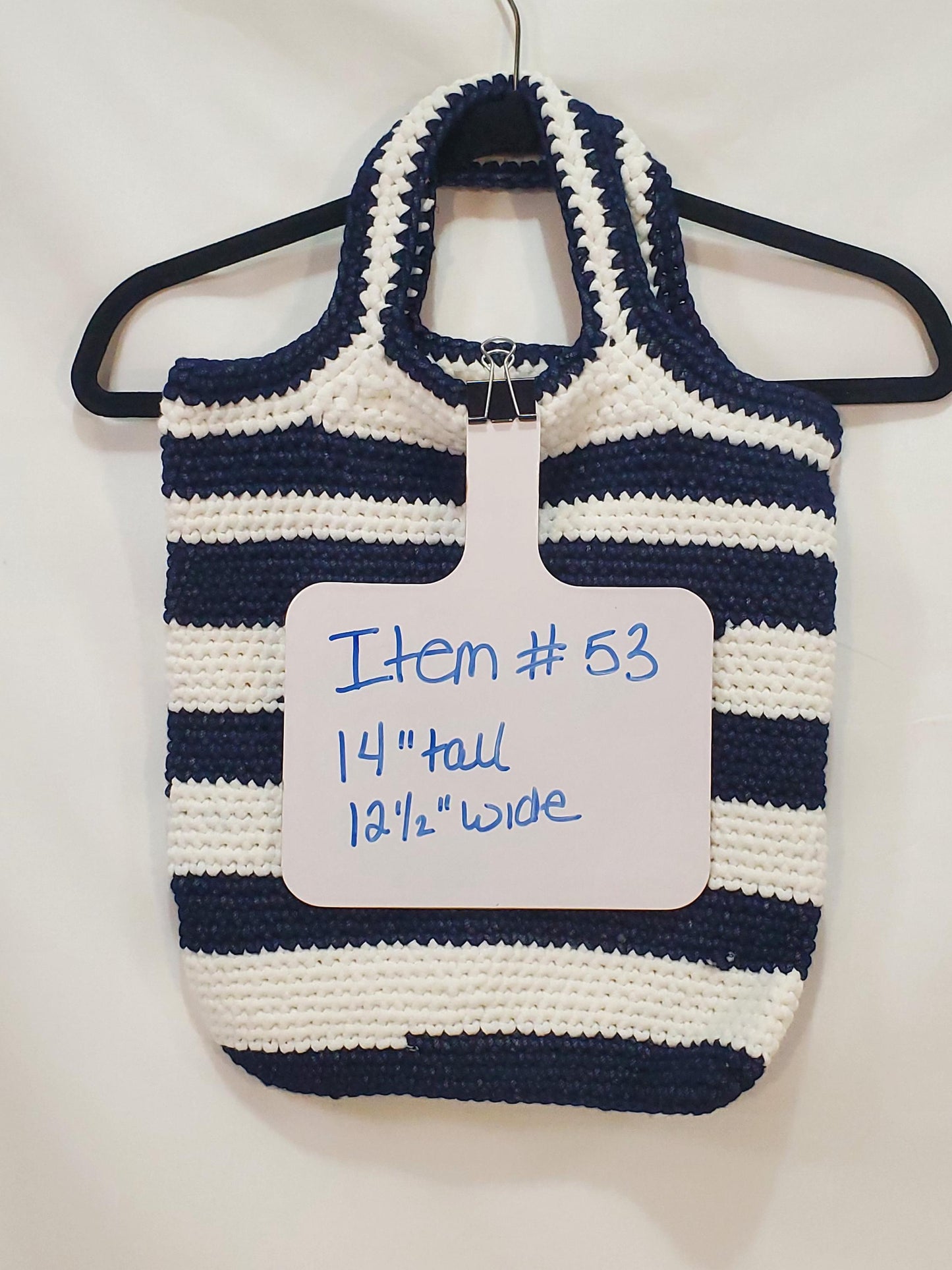 Item #53: Crochet tote, blue and white, 14" tall, 12 1/2" wide, Made with outdoor yarn - 68% acrylic/32 nylon