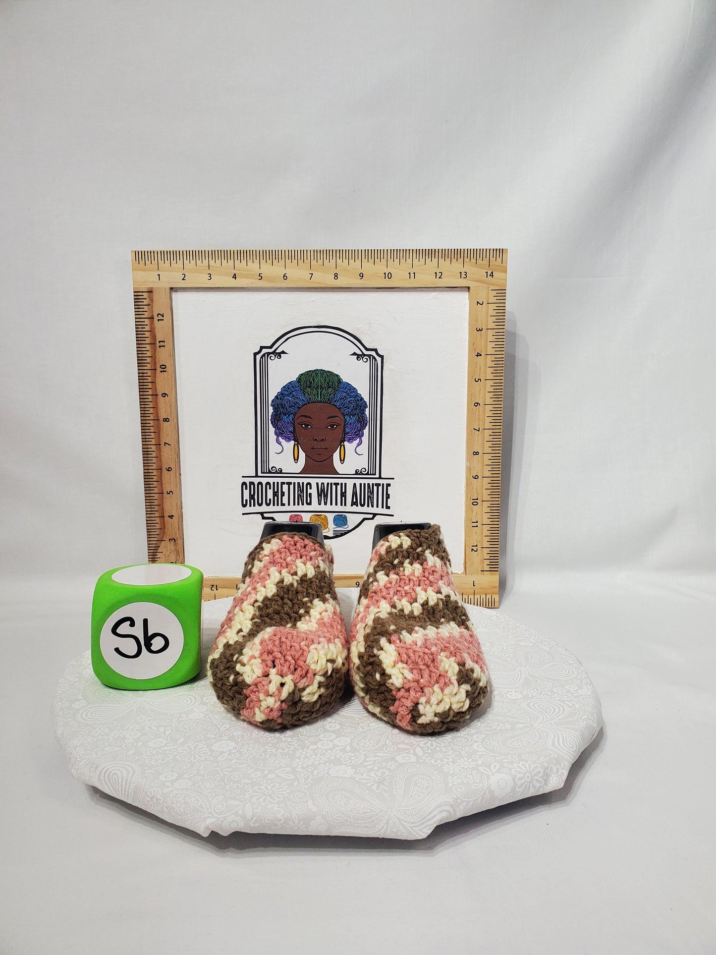 Item #6: Crochet slippers, Women's 9/10 - Men's 7/8, Brown pink and off white, 100% acrylic yarn