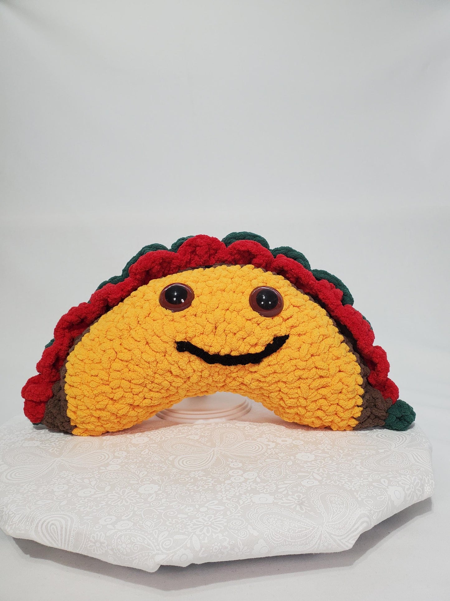 T9: Crochet Taco Stuffie / Plush Toy, made with soft blanket yarn and plastic safety eyes