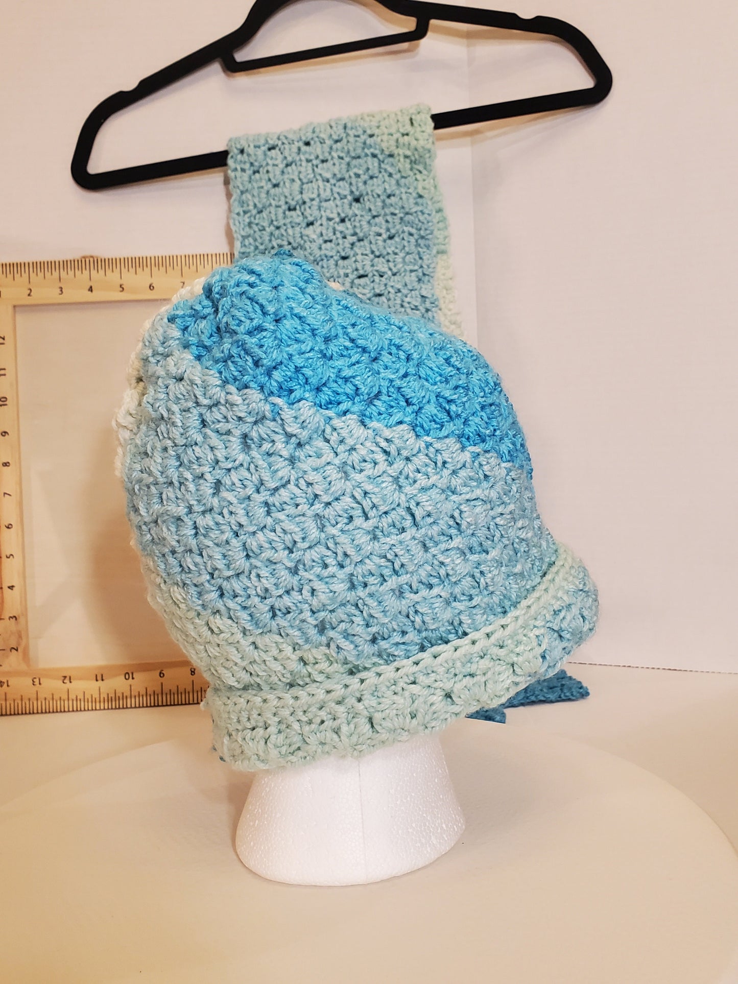 Item #83: Crochet Hat And Scarf Set, Multi Colors Of Blue, 3' 11" Long, 6" Wide, Size Child (4y-10y), Made With 100% Acrylic Yarn