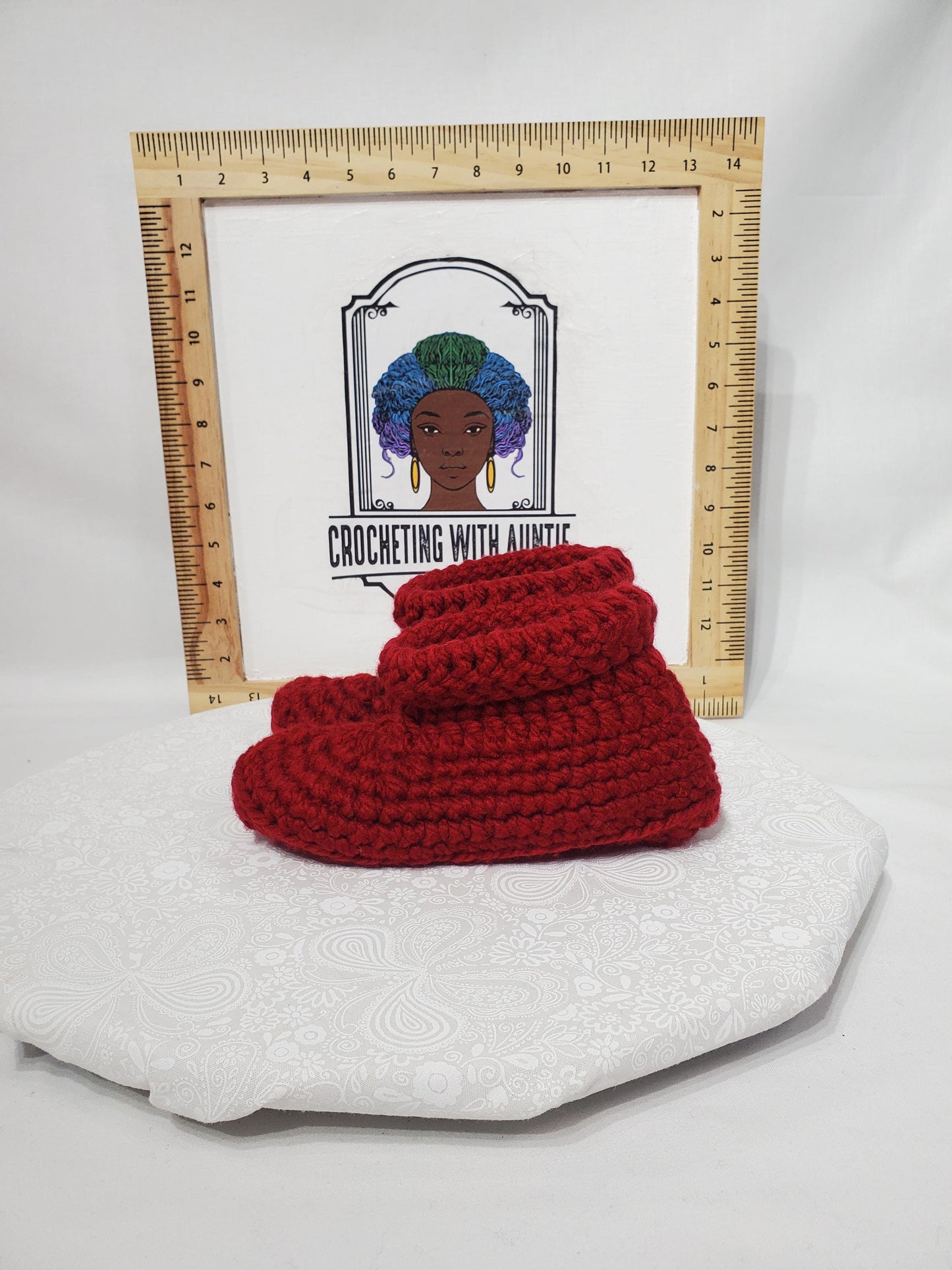 Item #15: Crochet Children's Bootie, Maroon, Children's Size 1/2, Made With 100% Acrylic Chunky Yarn