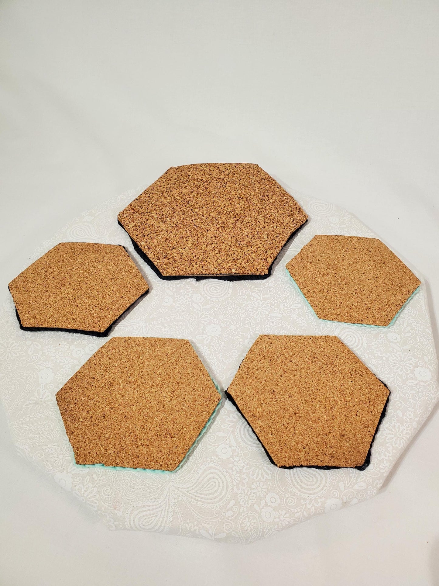 C3: Glow in the Dark Coaster set, hexagon shaped, made with cotton yarn, cork backed