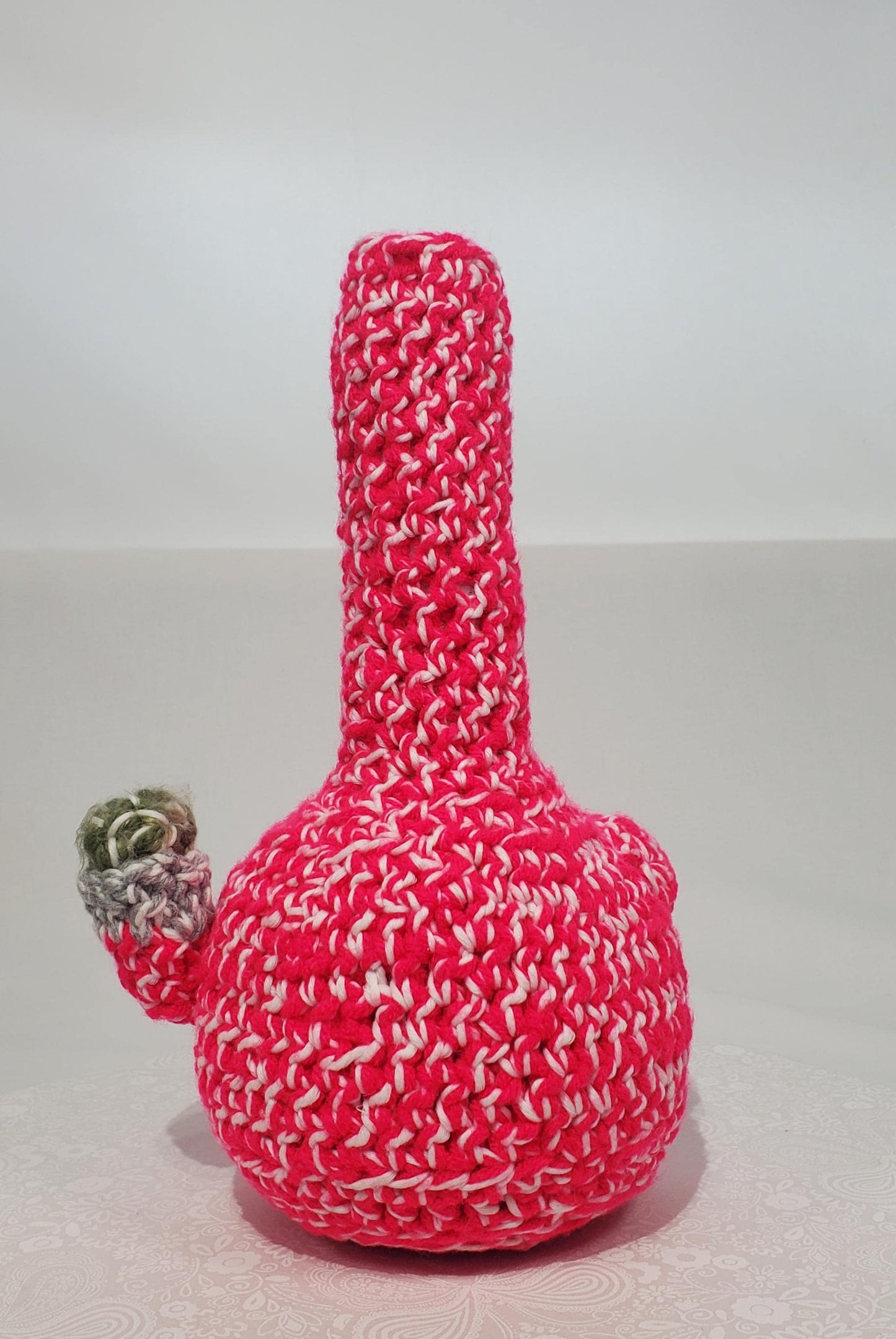 B1: Crochet Bong, Pink and White - GLOWS IN DARK, made with acrylic and cotton yarn, has safety eyes, approx. 10" x 5", 8 oz