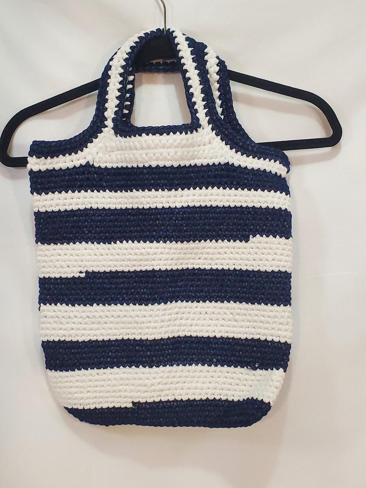 Item #53: Crochet tote, blue and white, 14" tall, 12 1/2" wide, Made with outdoor yarn - 68% acrylic/32 nylon