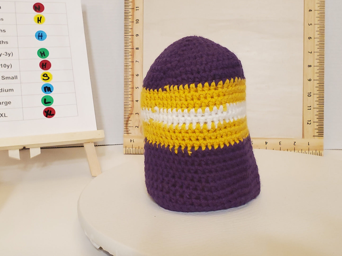 Item #41: MN Vikings Inspired Crochet Beanie, Size 6-9 Months, Made From 100% Acrylic Yarn