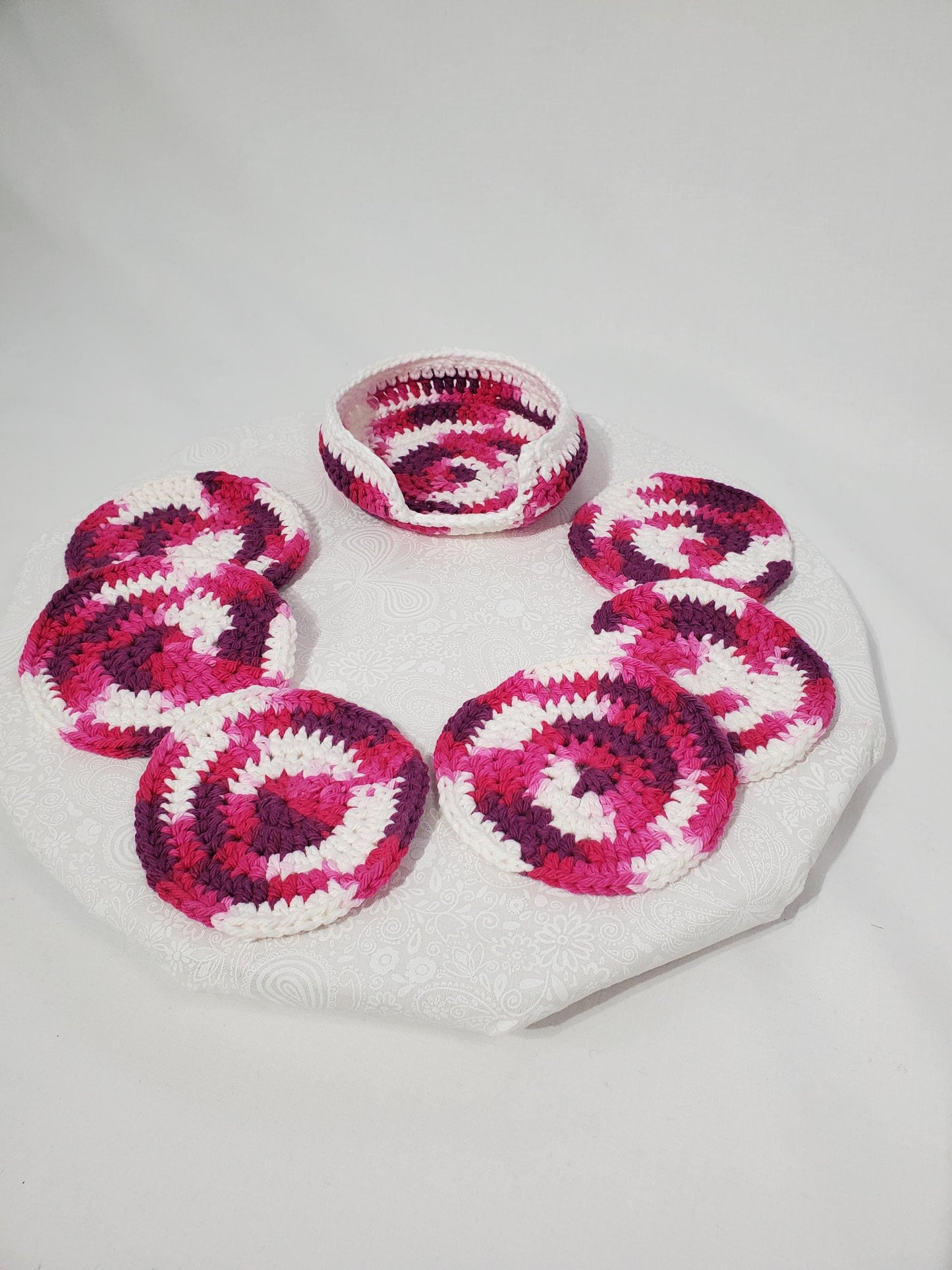 Crochet Coaster Set, Berry Swirl & White