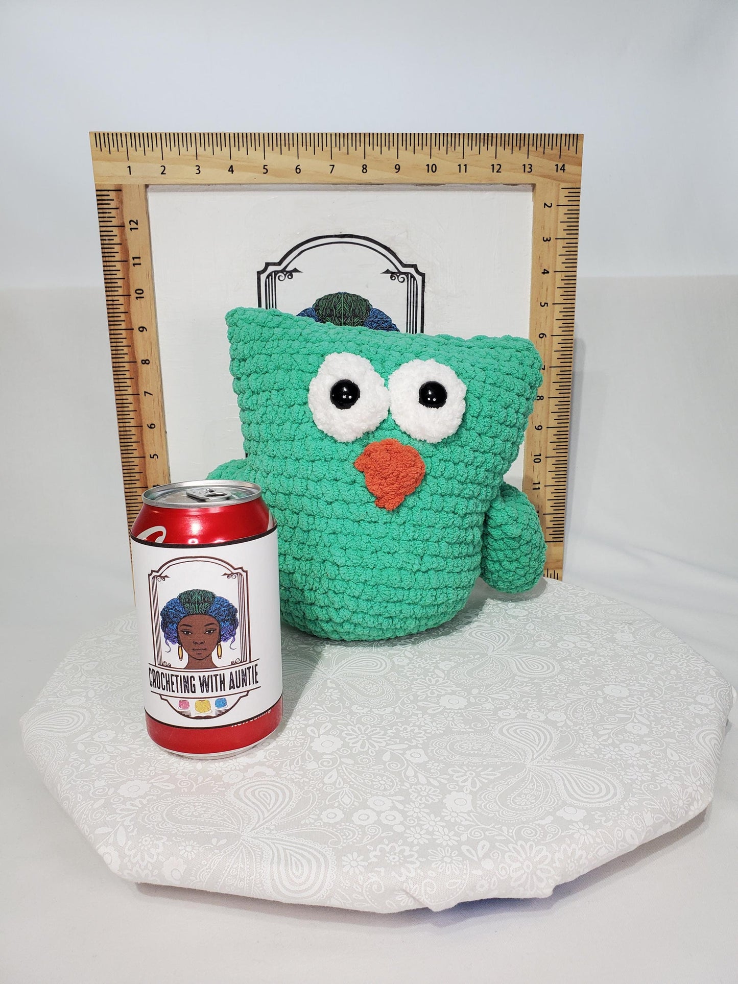 Crochet stuffed animal owl, teal, made with soft blanket yarn (100% Polyester) and safety eyes, approximately 10 inches tall