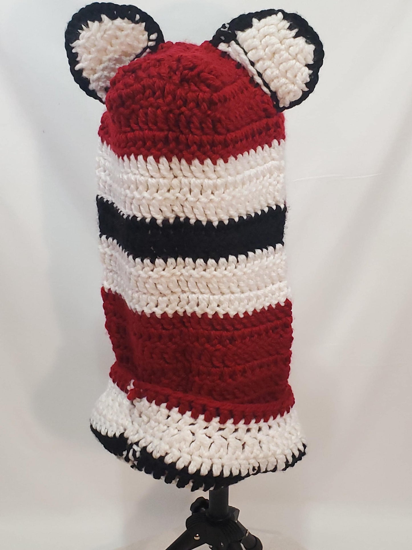 Item #55: Crochet Hood/Hat, Black, White & Maroon, Adult Sized, Made With 100% Acrylic Chunky Yarn