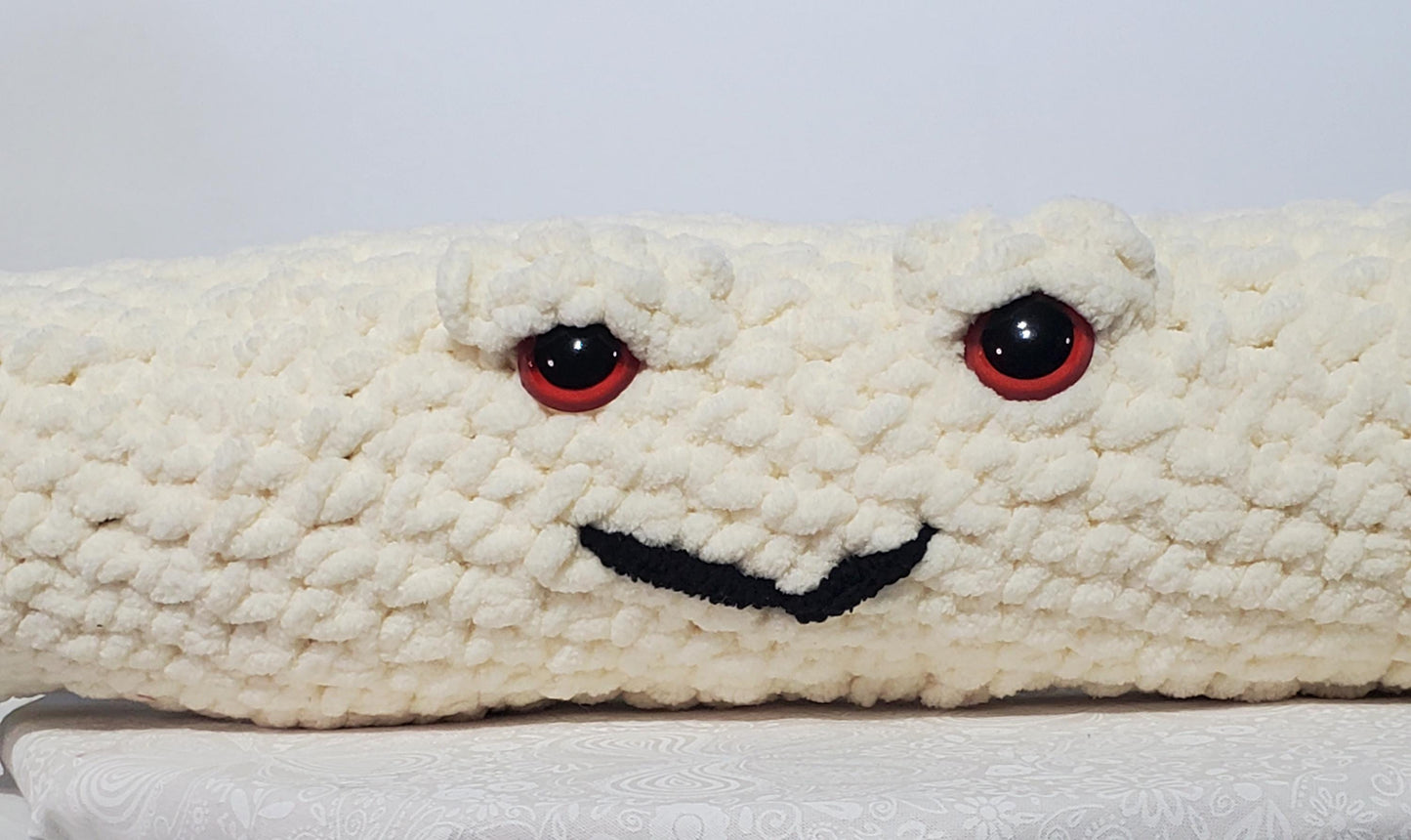 J10 - Crochet Joint / Doobie, White 100% polyester soft blanket yarn, has safety eyes, approx. 30"x 4", 14 oz