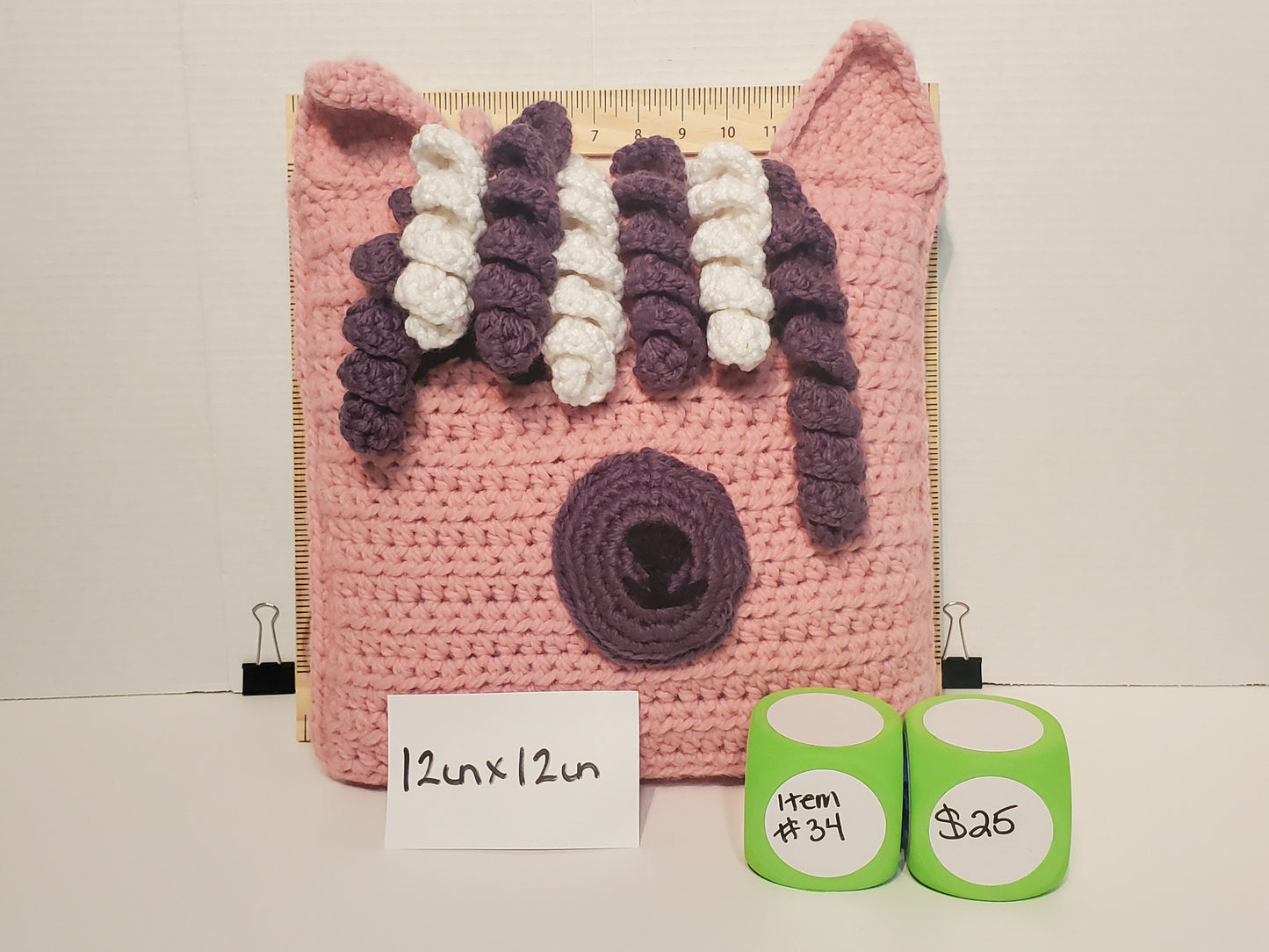 Pink animal pillow, approx 12"x12", made with chunky 100% Acrylic yarn