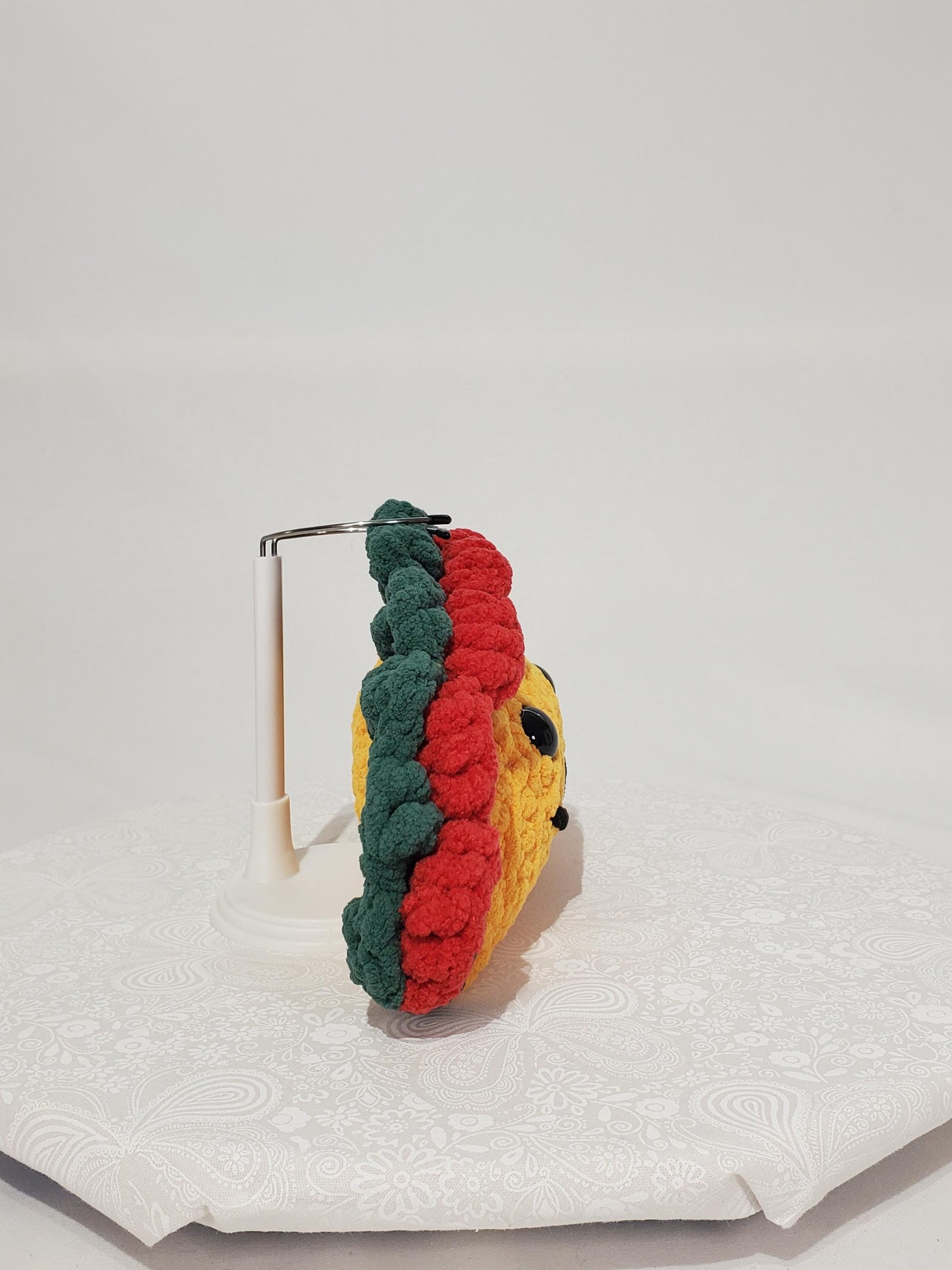T8: Crochet Taco Stuffed / Stuffy / Plushy /Toy, made with soft blanket yarn and plastic safety eyes, approx. 11"x6"x4"