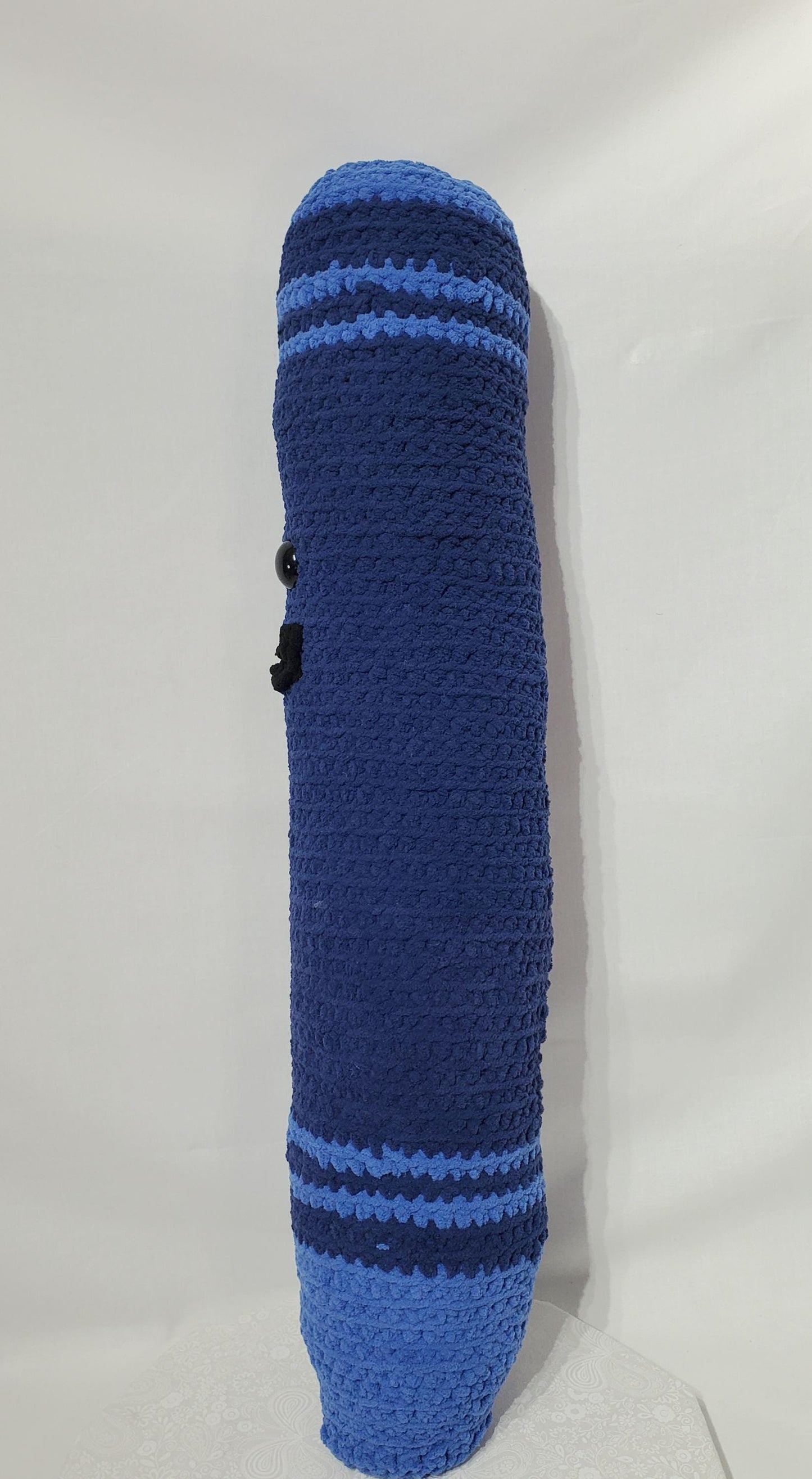 Crochet Crayon Stuffy /Pillow,Blue, made with soft blanket yarn (100% polyester), fiber fill, and plastic safety eyes, approx. 30”x6”