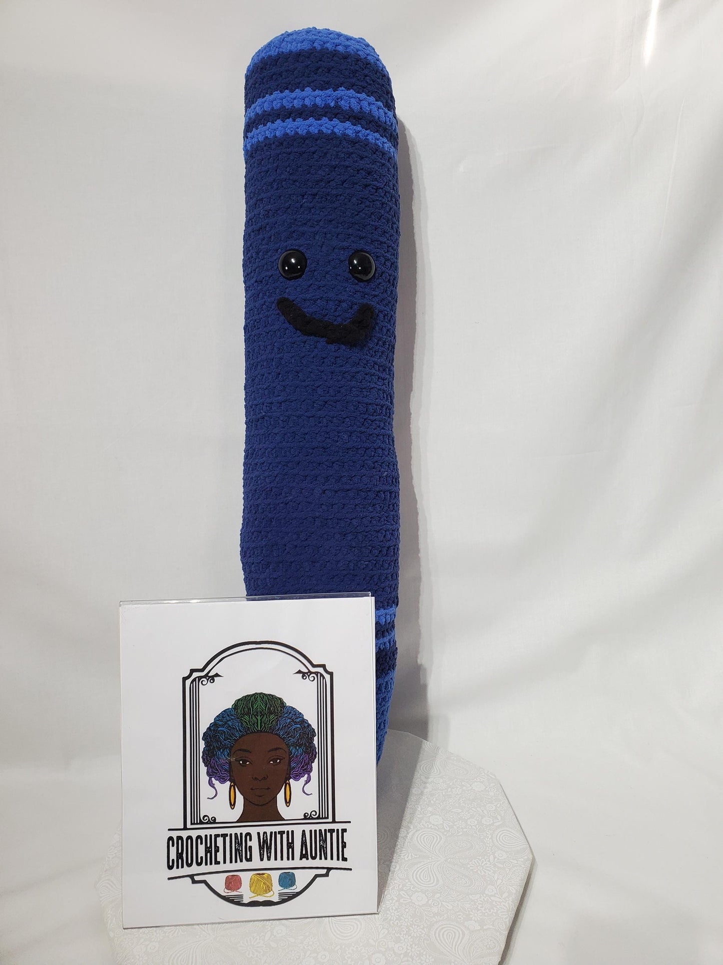 Crochet Crayon Stuffy /Pillow,Blue, made with soft blanket yarn (100% polyester), fiber fill, and plastic safety eyes, approx. 30”x6”